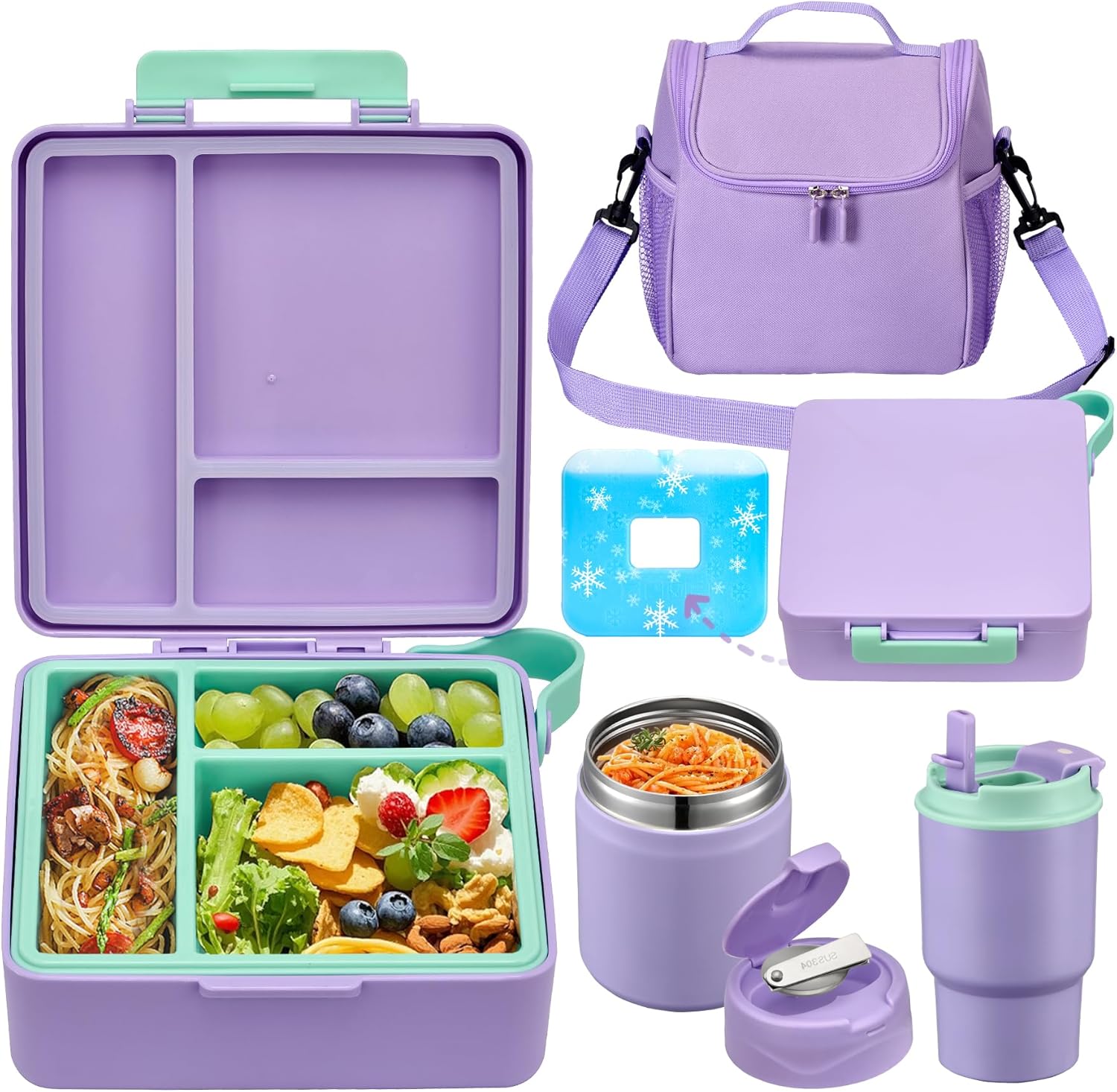 Kids Bento Lunch Box Set with 3 Compartments, 17 oz Food Jar, Insulated Bottle, Lunch Bag and Ice Pack