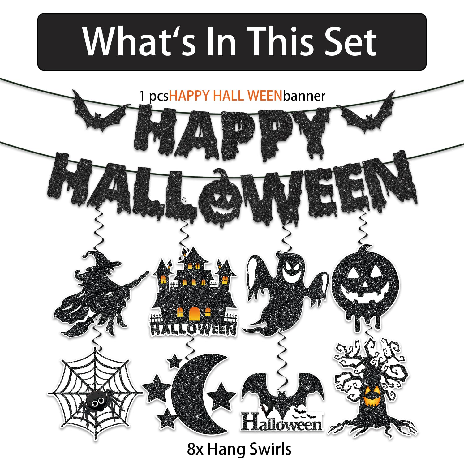 Happy Halloween Banner & Hanging Swirl Set – 17PCS Black & Orange Ceiling Decorations with Glitter Foil