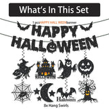 Happy Halloween Banner & Hanging Swirl Set – 17PCS Black & Orange Ceiling Decorations with Glitter Foil