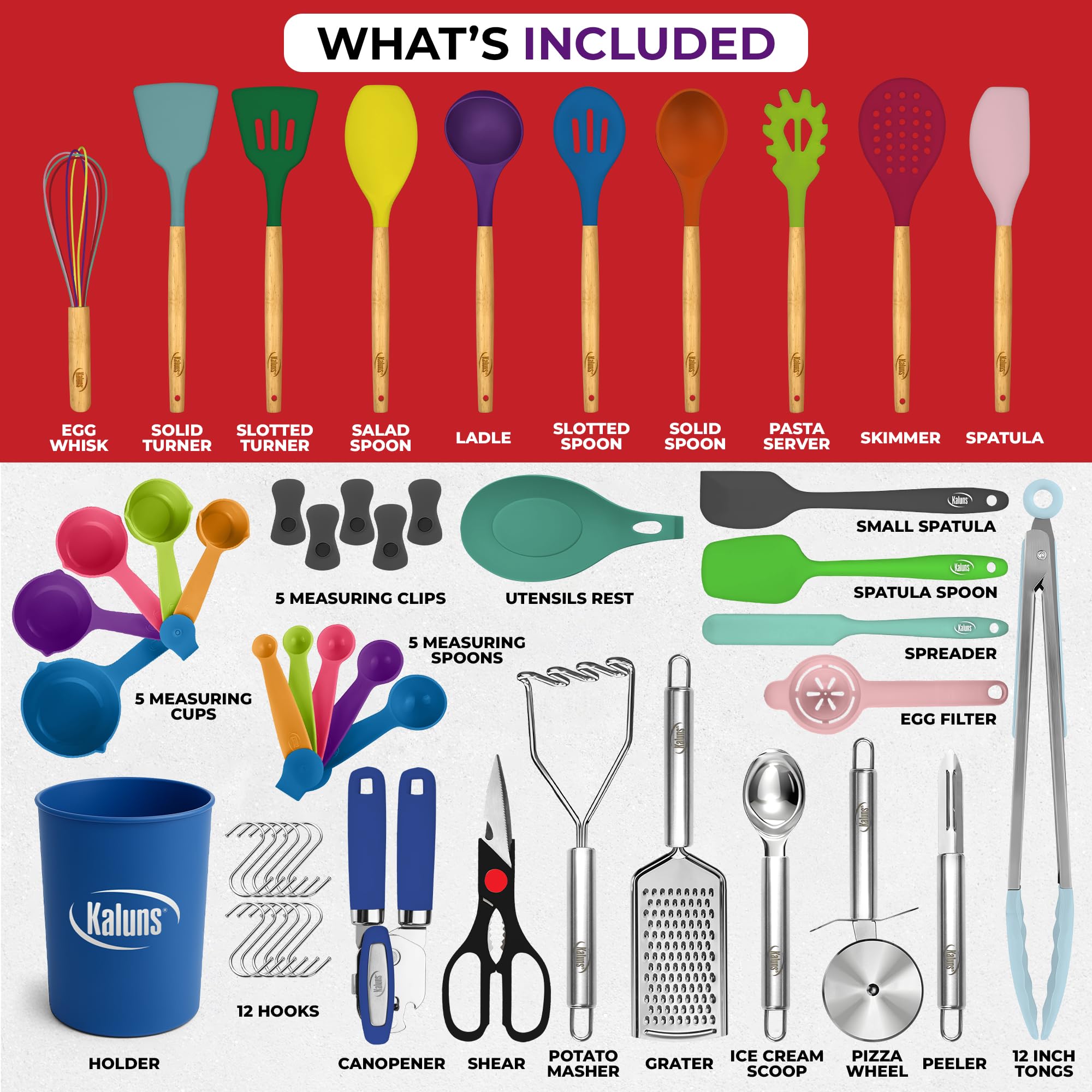 50-Piece Silicone, Stainless Steel & Wood Kitchen Utensil Set – Heat Resistant, Non-Stick Safe (Multicolor)