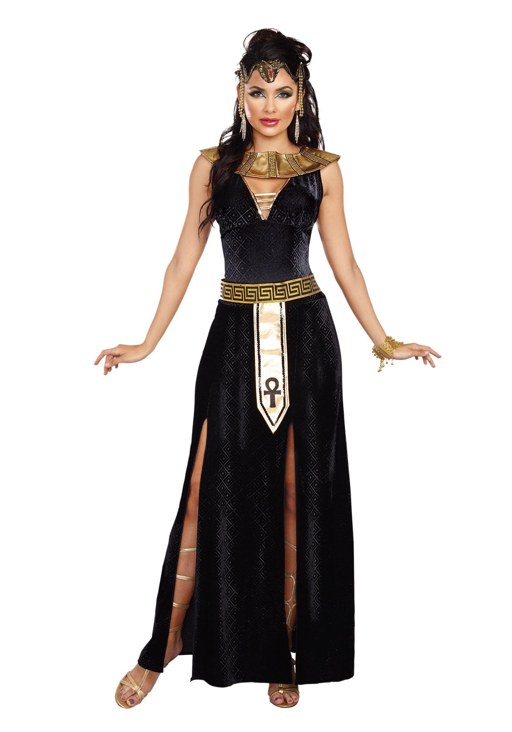 Black & Gold Cleopatra Costume – Elegant Egyptian Queen Velvet Gown with Sequined Collar & Belt