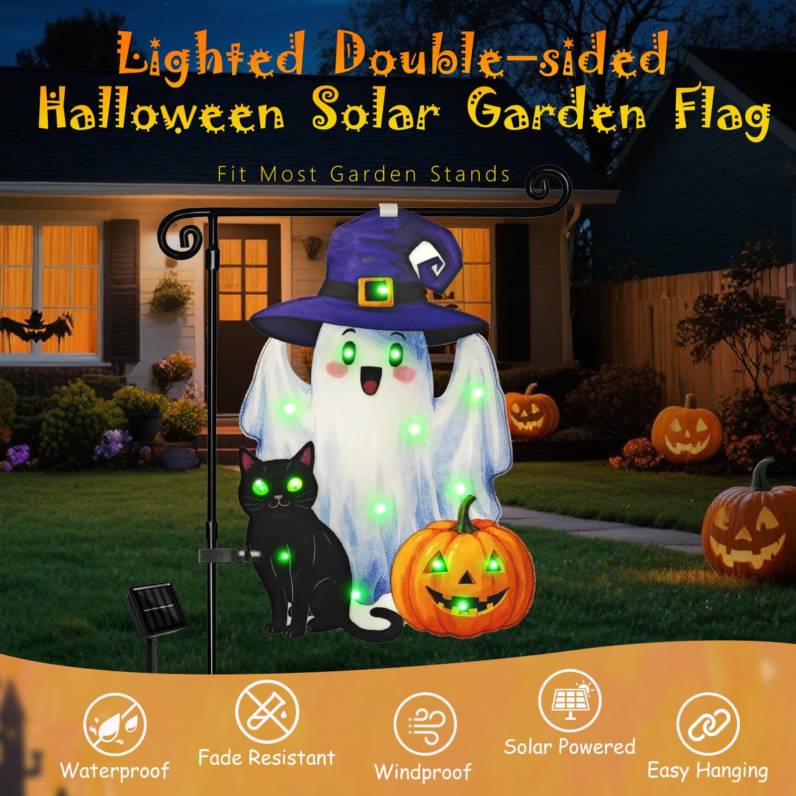 Solar Lighted Halloween Garden Flag – 12x18" Double-Sided Ghost Design in Green with 8 LED Lighting Modes
