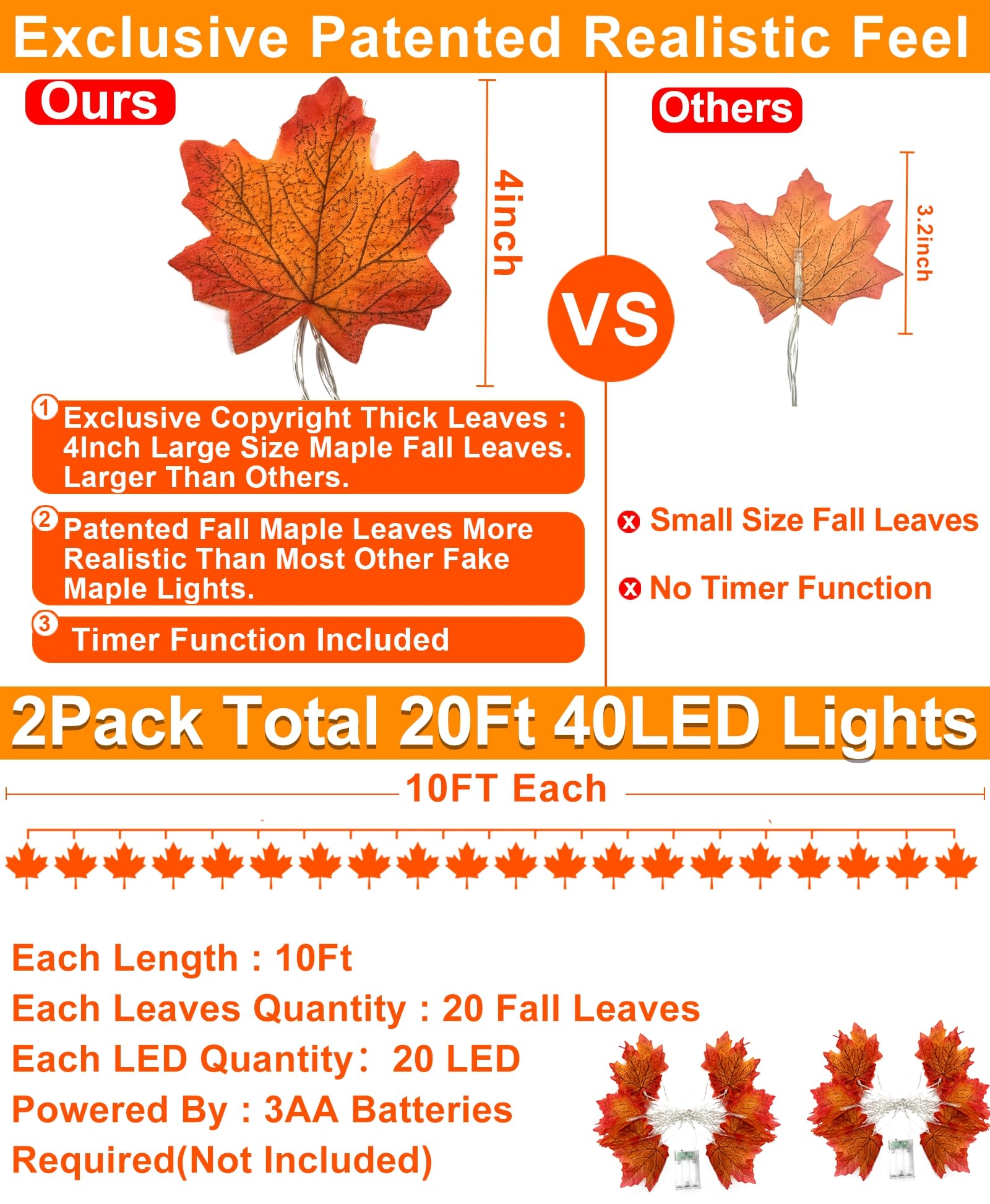 Fall Maple Leaf String Lights – 2 Pack 20FT (40 LED) Battery Operated Garland for Halloween & Thanksgiving Decor (Orange/Yellow, Waterproof)