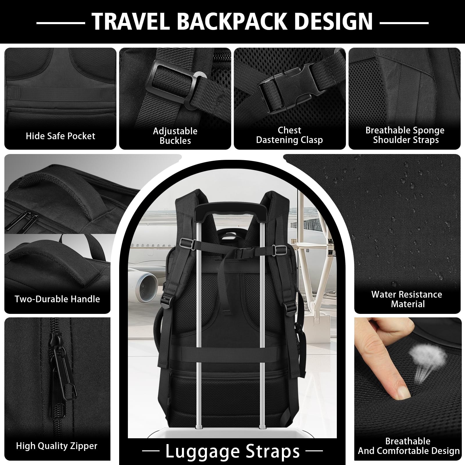Expandable 40–50L Carry-On Travel Backpack with Lay-Flat Opening & USB Cable Port – Fits 17.3” – Black