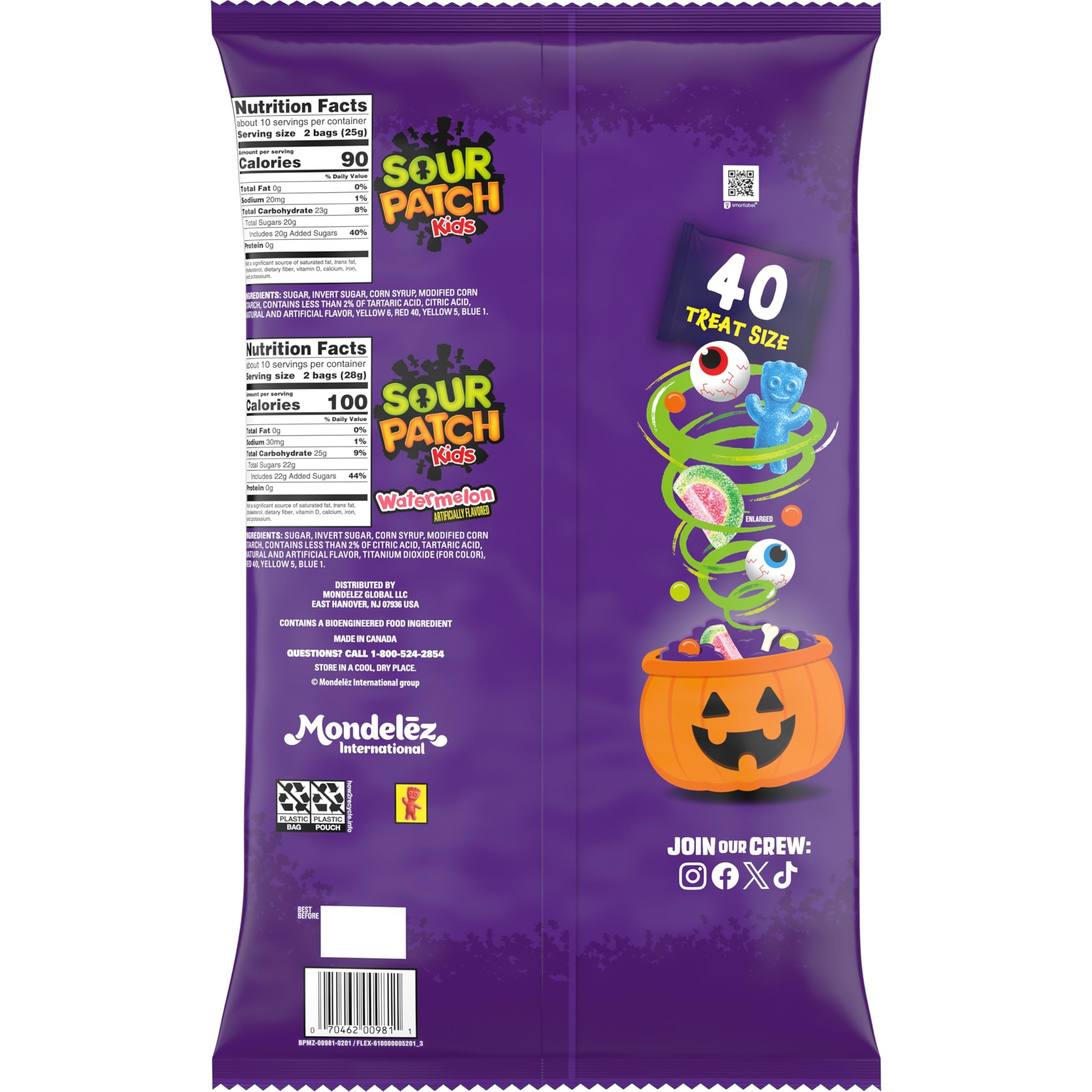SOUR PATCH KIDS Halloween Candy Variety Pack – 40 Treat-Size Bags (Original & Watermelon Flavors)