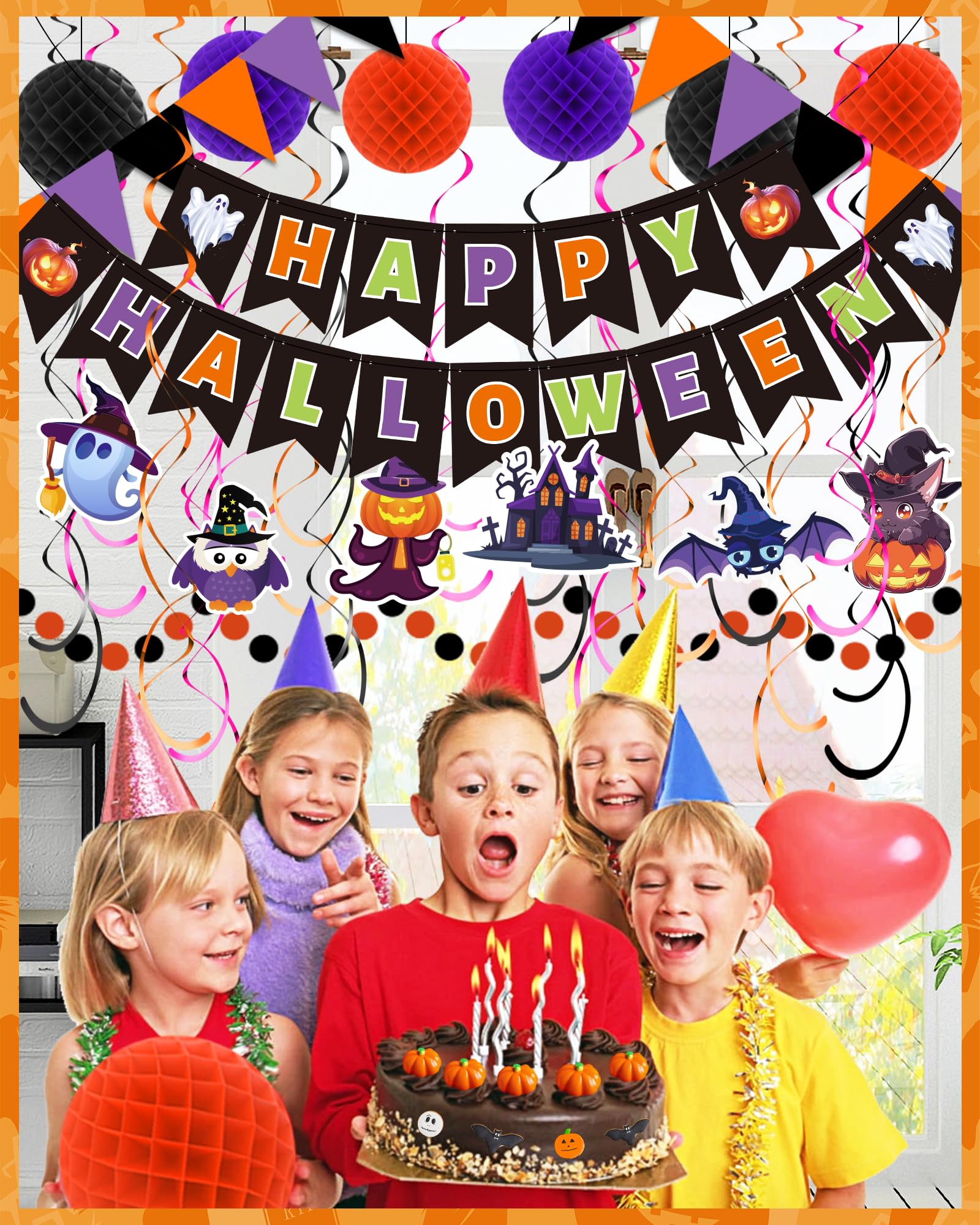 Halloween Party Decoration Set – 7.2ft Banner, Hanging Swirls, Flags & Garland Kit (50+ Pieces) for Indoor & Outdoor Festive Décor