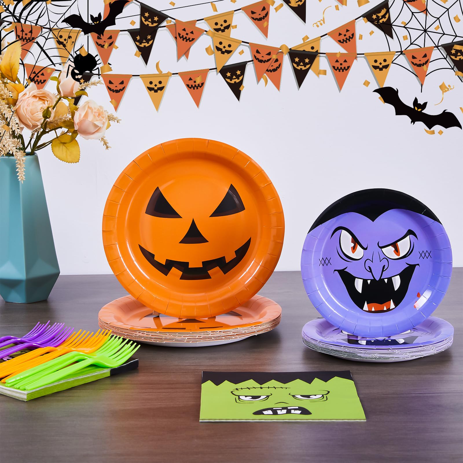 Halloween Party Plates & Napkins Set – 96 Pcs Orange, Purple & Green Ghost, Bat & Pumpkin Tableware for 24 Guests