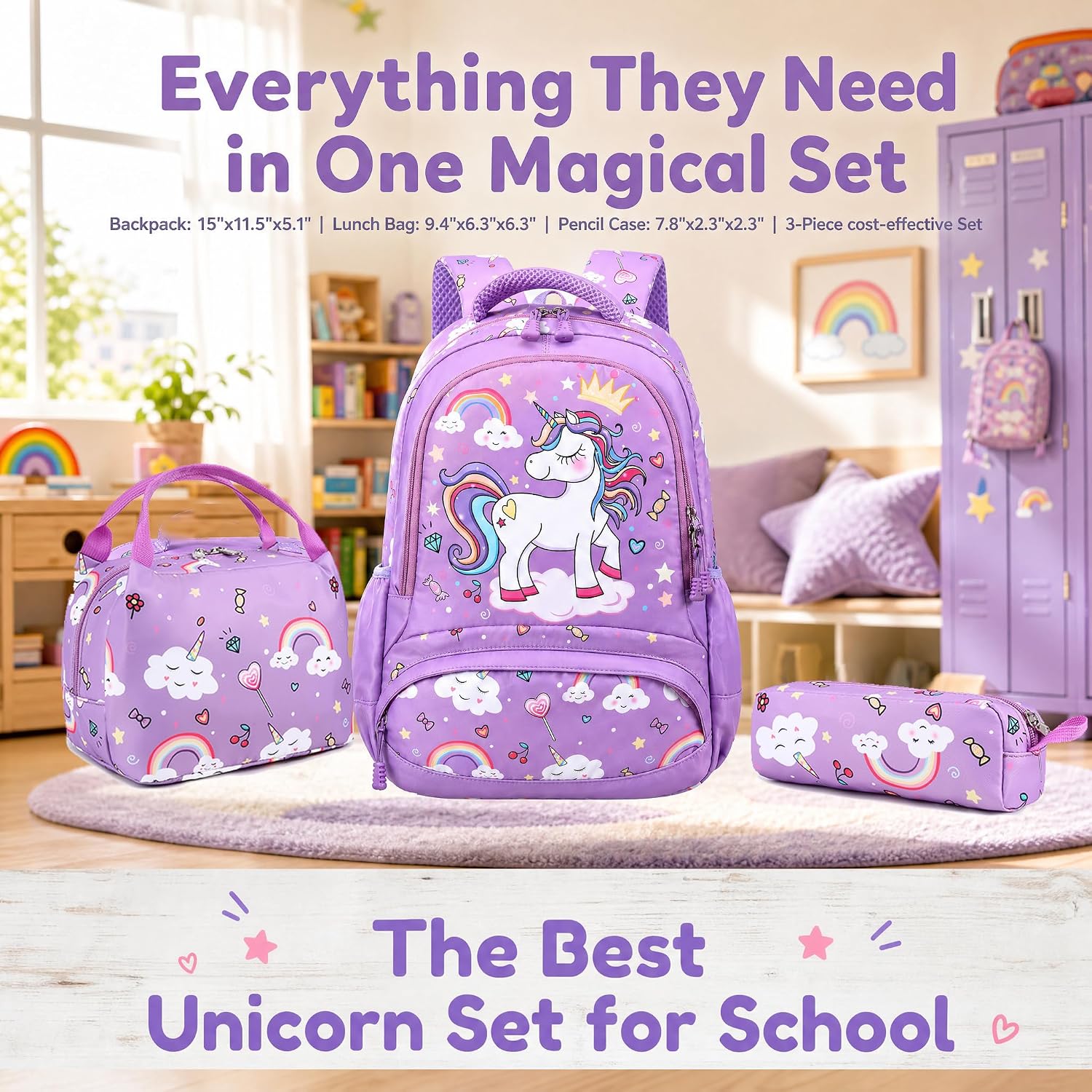 Purple Unicorn School Backpack Set with Lunch Bag