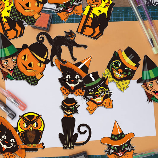 Vintage Halloween Cutouts Set – 40 Retro Paper Decorations with Black Cats, Witches & Owls for Party Decor