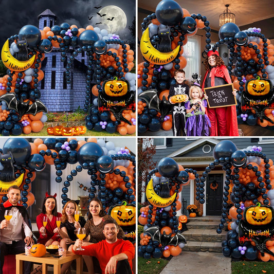 Halloween Balloon Garland Kit – 135pcs Black, Orange, Gray Balloons with Foil Bats, Cat Moon & Accessories
