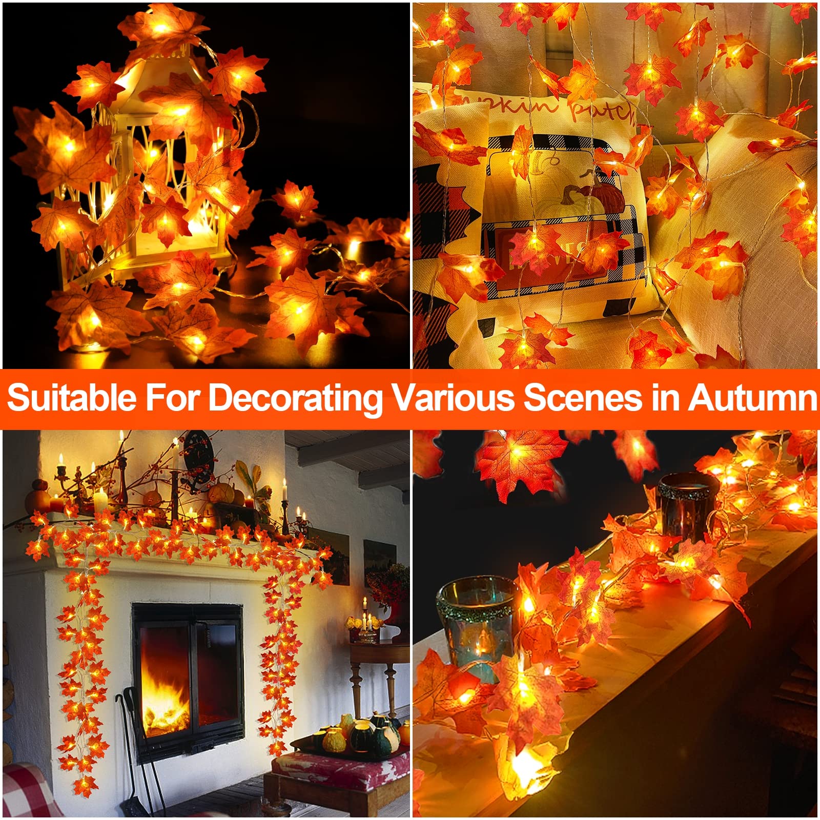 Fall Maple Leaf String Lights – 2 Pack 20FT (40 LED) Battery Operated Garland for Halloween & Thanksgiving Decor (Orange/Yellow, Waterproof)