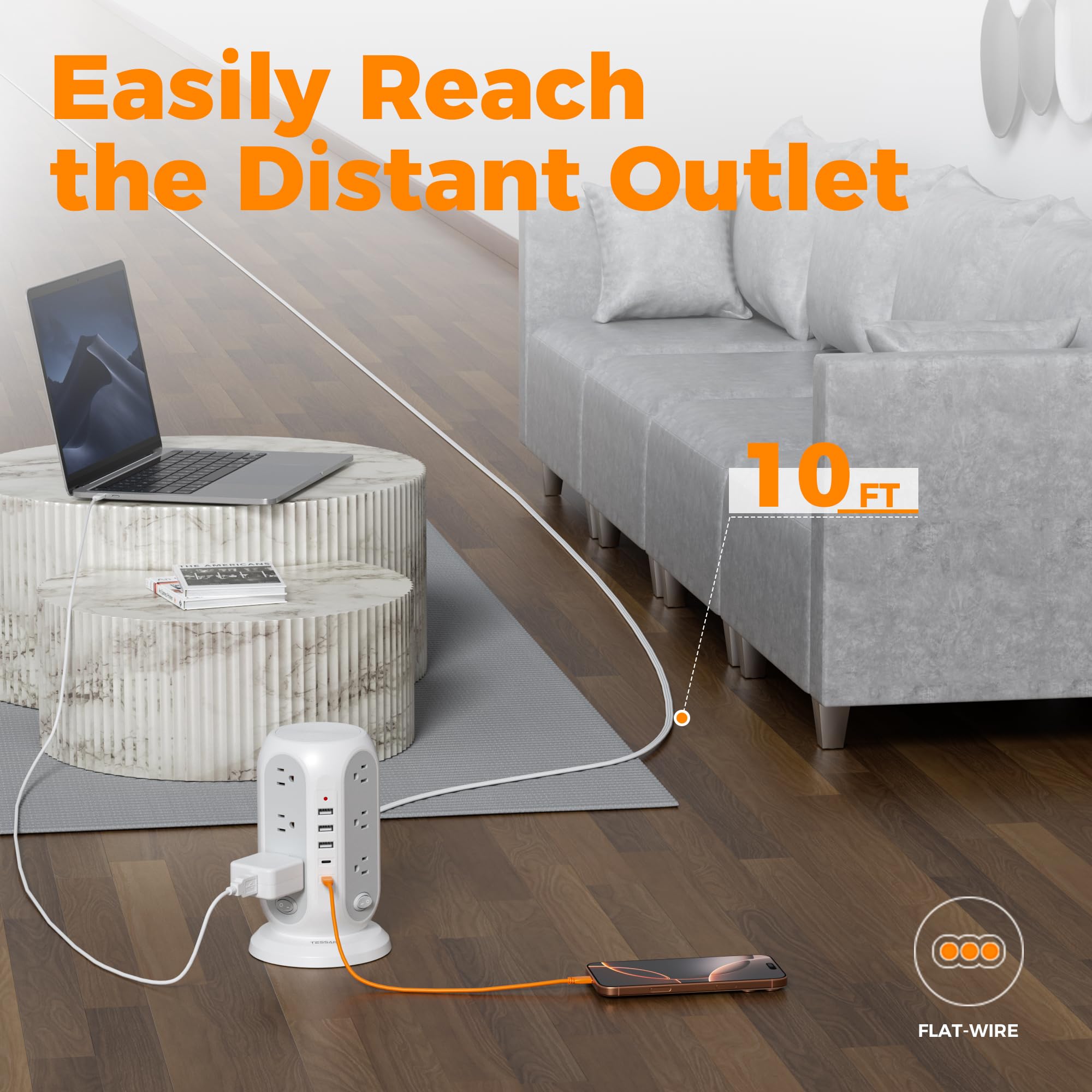 TESSAN 17-in-1 Tower Power Strip Surge Protector with 12 Outlets, 5 USB Ports & Individual Switches Flat Plug Extension Cord