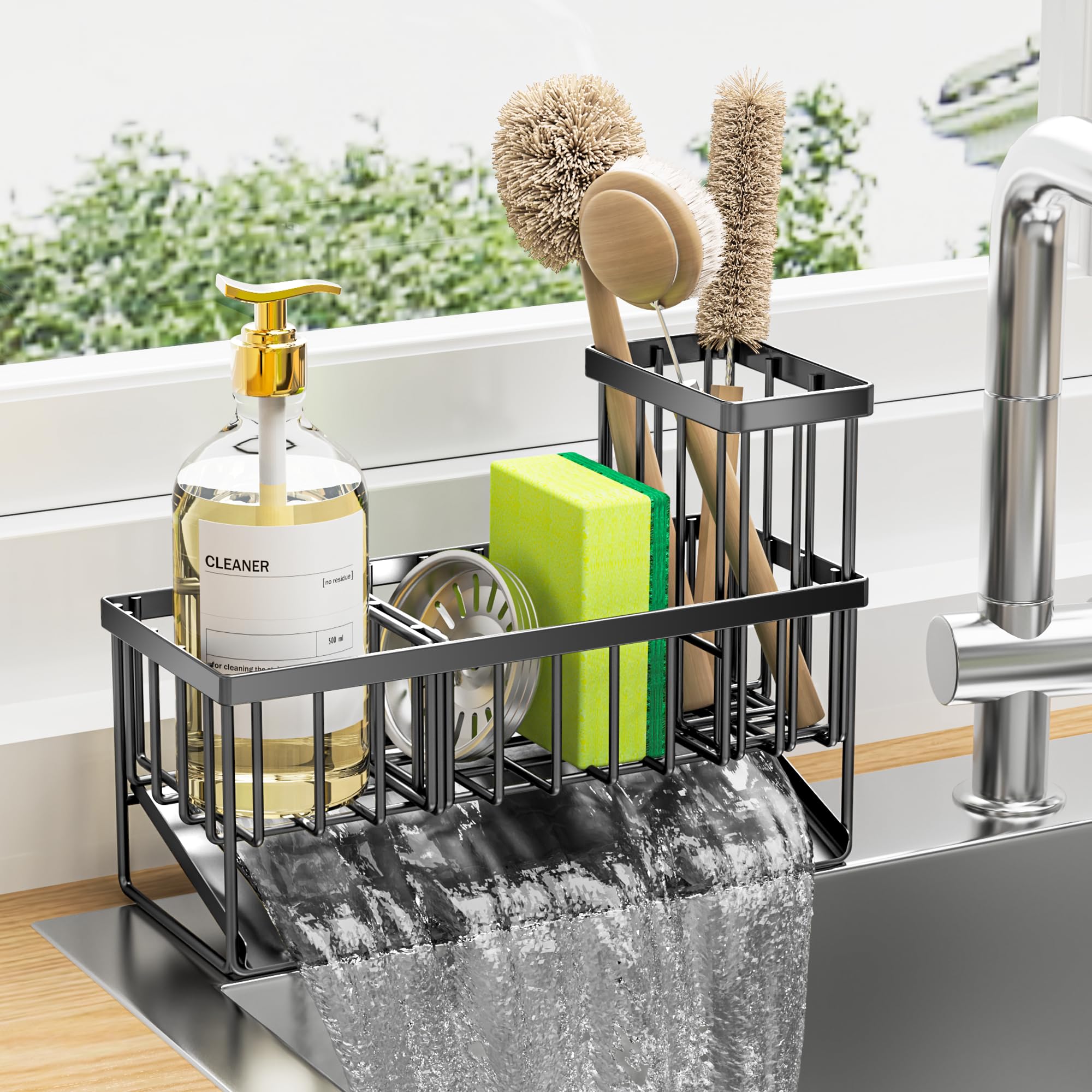 Stainless Steel Kitchen Sink Organizer with Automatic Drainage – 3-Compartment Sponge Holder