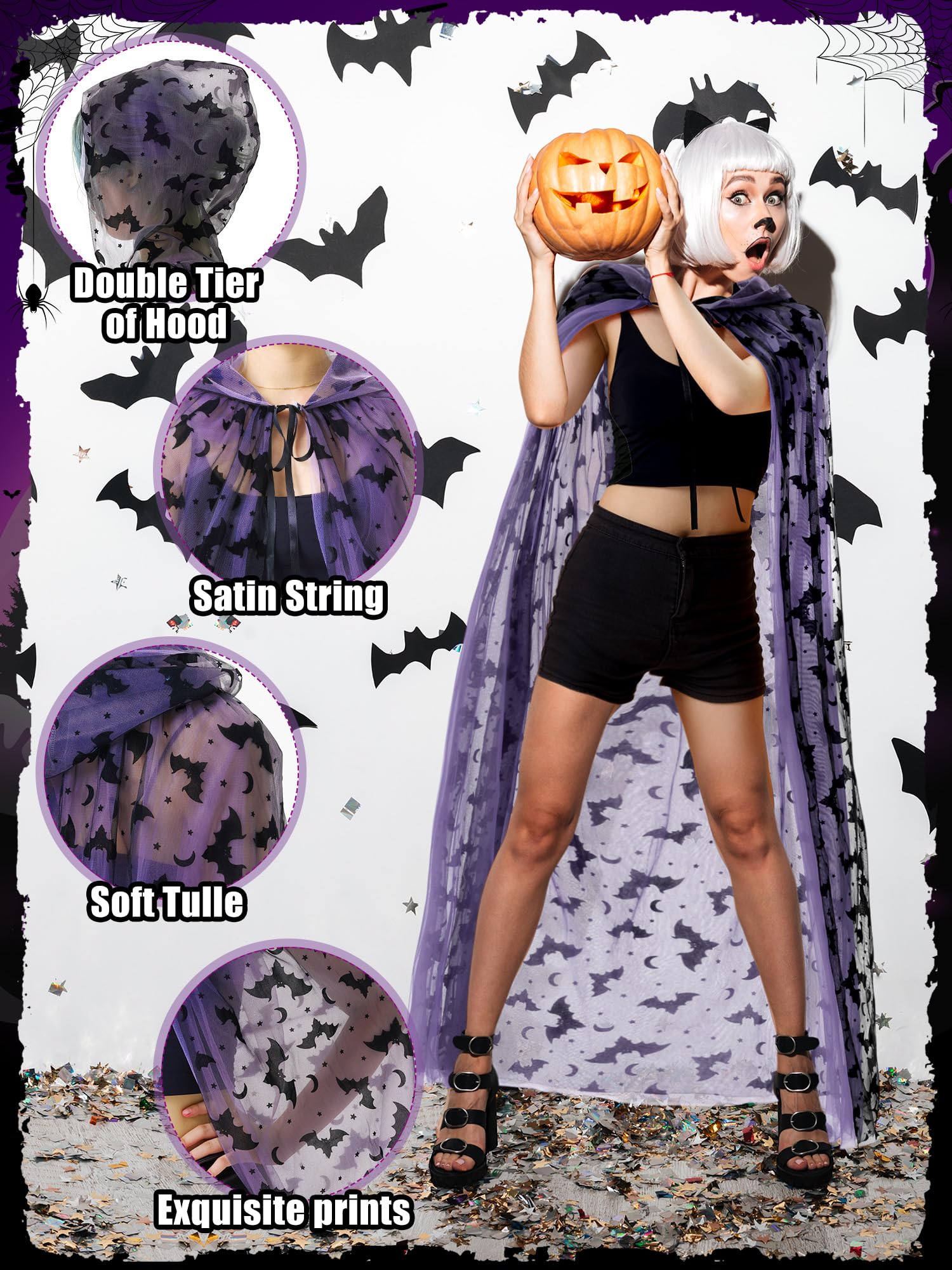 Purple Gothic Witch Lace Cape with Hood – Bat Pattern Halloween Cloak for Women (71" Length)