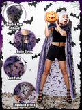 Purple Gothic Witch Lace Cape with Hood – Bat Pattern Halloween Cloak for Women (71" Length)