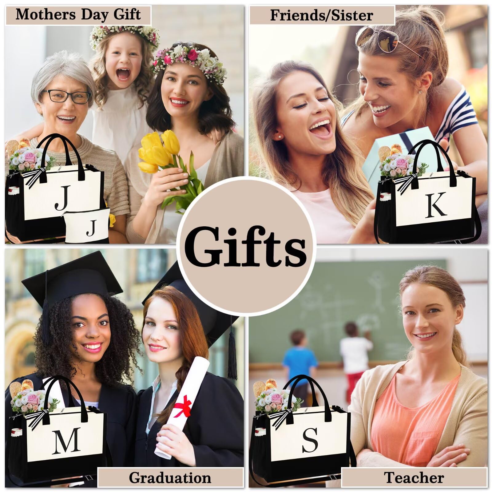 YOOLIFE Personalized Initial Tote Bag for Women – Large Zippered Monogram Tote with Crossbody Strap & Makeup Pouch (White, Letter A)