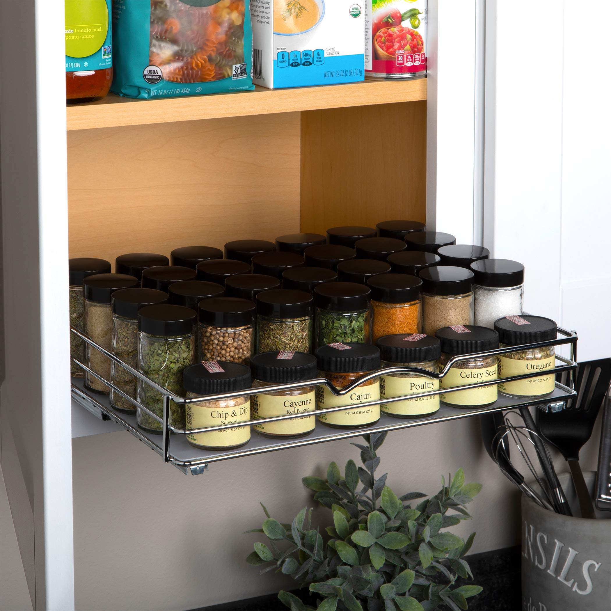 Slim Pull-Out Cabinet Spice Rack – Chrome Heavy-Duty Slide-Out Organizer for Narrow Cabinets