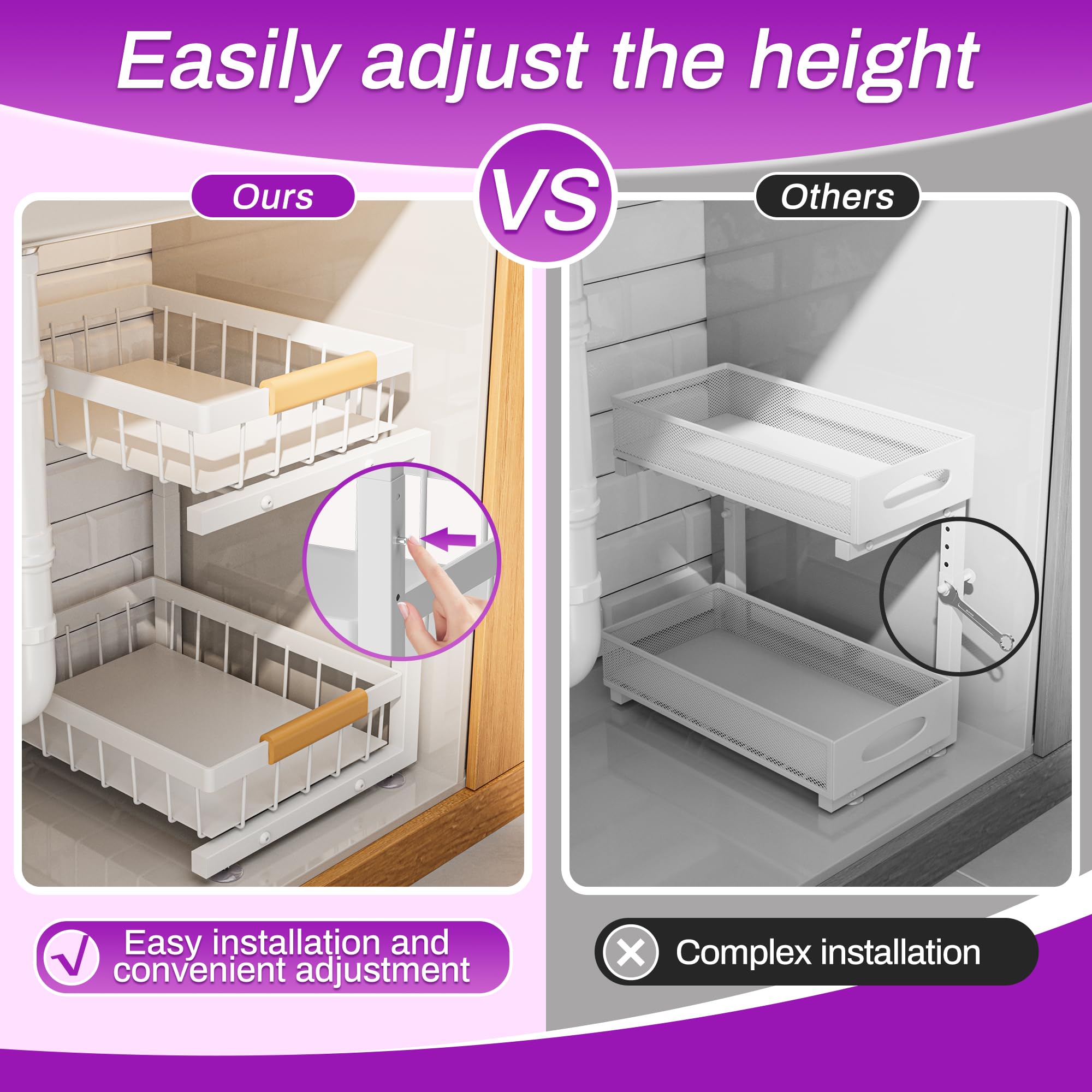 ADBIU White Adjustable Under Sink Organizer – 2-Tier Pull-Out Cabinet Storage with Expandable Height (2 Pack)