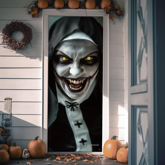 Horror Zombie Nun Door Cover 👻 – 3D Scary Halloween Decoration for Front Door, Wall & Haunted House