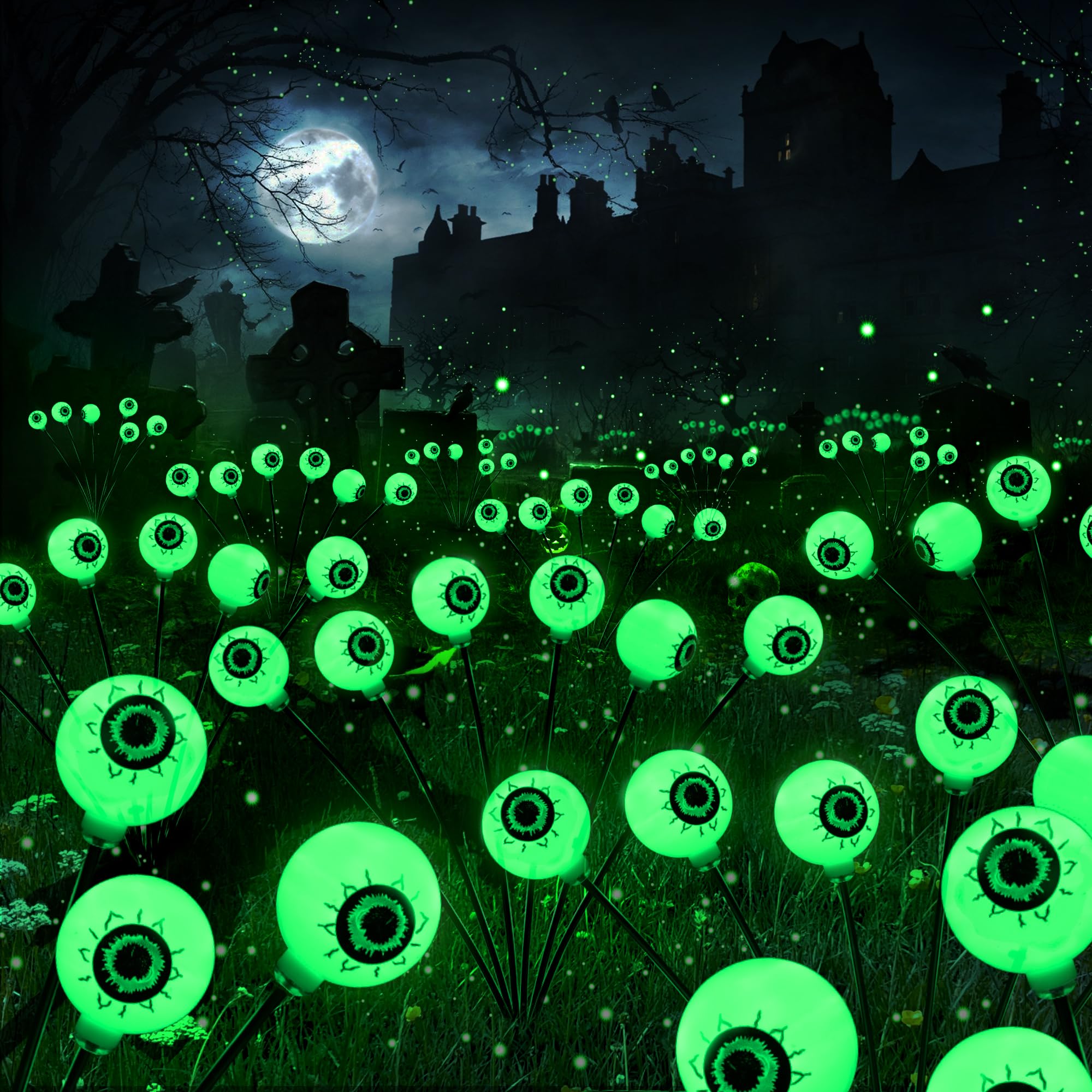 Solar Halloween Eyeball Lights – Green Swaying LED Pathway Lights with Flash Modes, Waterproof Outdoor Yard Decor