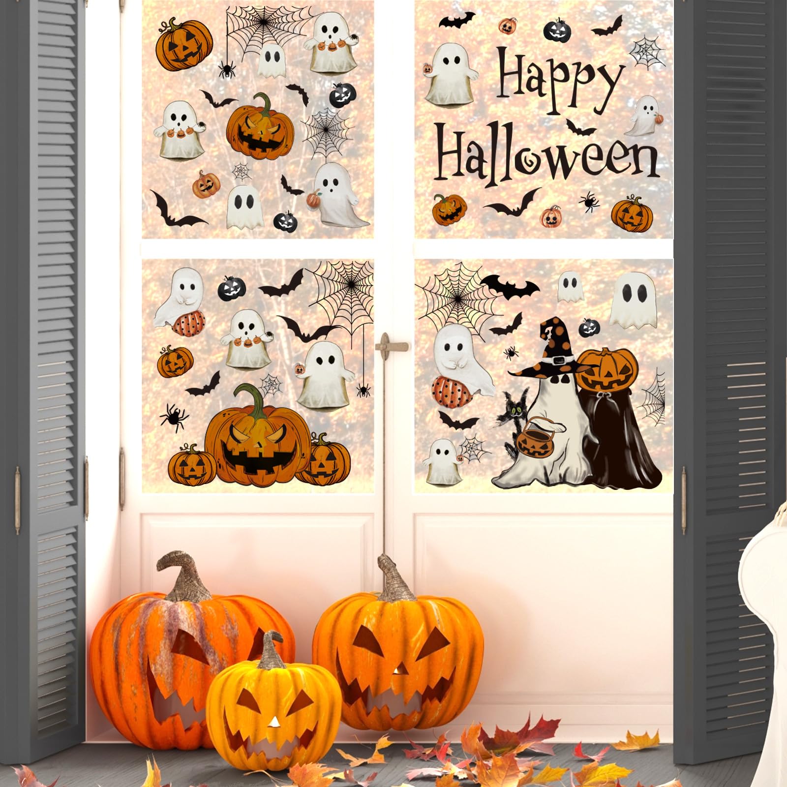 Vintage Halloween Window Clings – 6 Double-Sided PVC Sheets with Ghosts, Pumpkins, Cats & Bats
