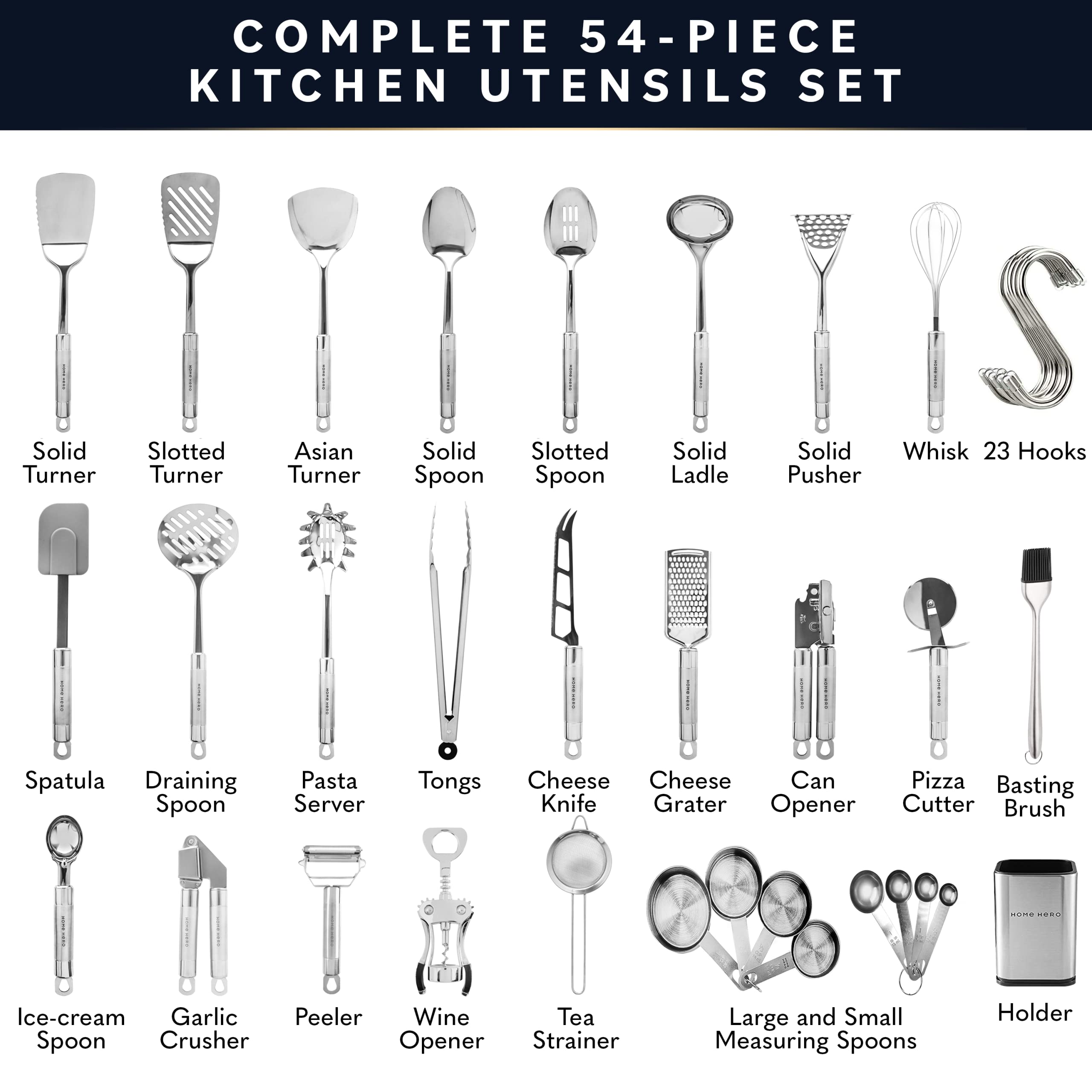 54-Piece Stainless Steel Kitchen Utensil Set – Durable, Heat Resistant & Timeless Design (Silver)