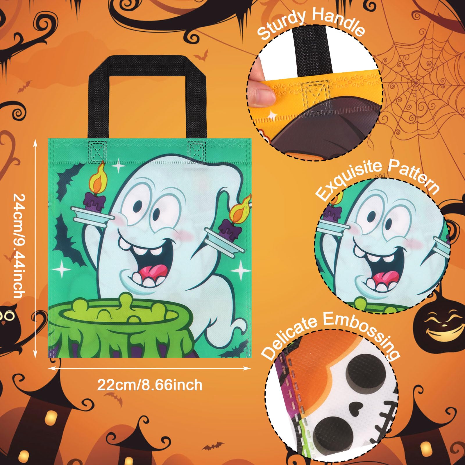 24-Pack Halloween Non-Woven Tote Bags – 6 Classic Designs (Pumpkin, Black Cat, Ghost) Reusable Trick-or-Treat Gift Bags