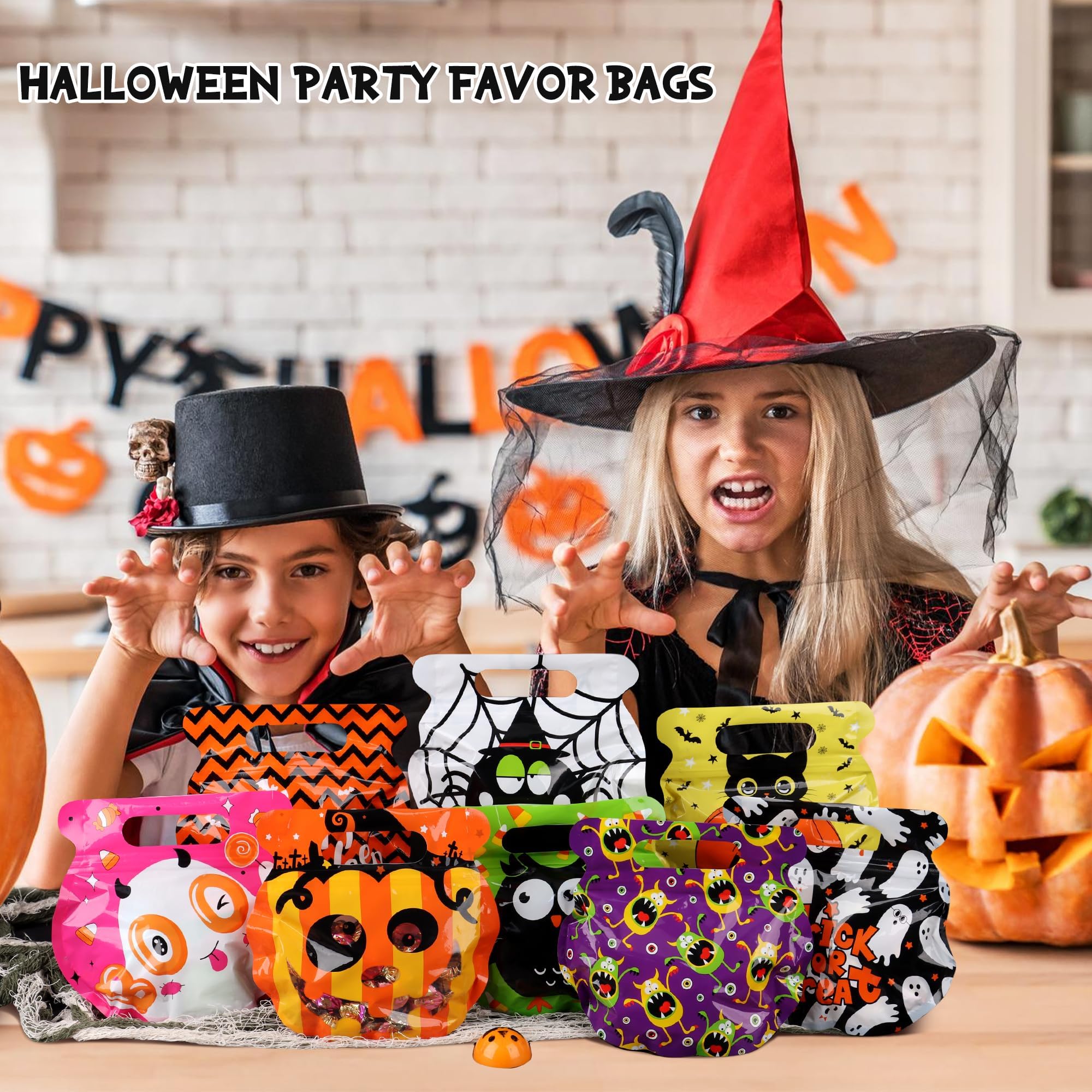 56 PCS Halloween Goodie Bags – Reusable Zip Treat Bags with Handles, 8 Cute Designs for Candy, Snacks & Party Favors
