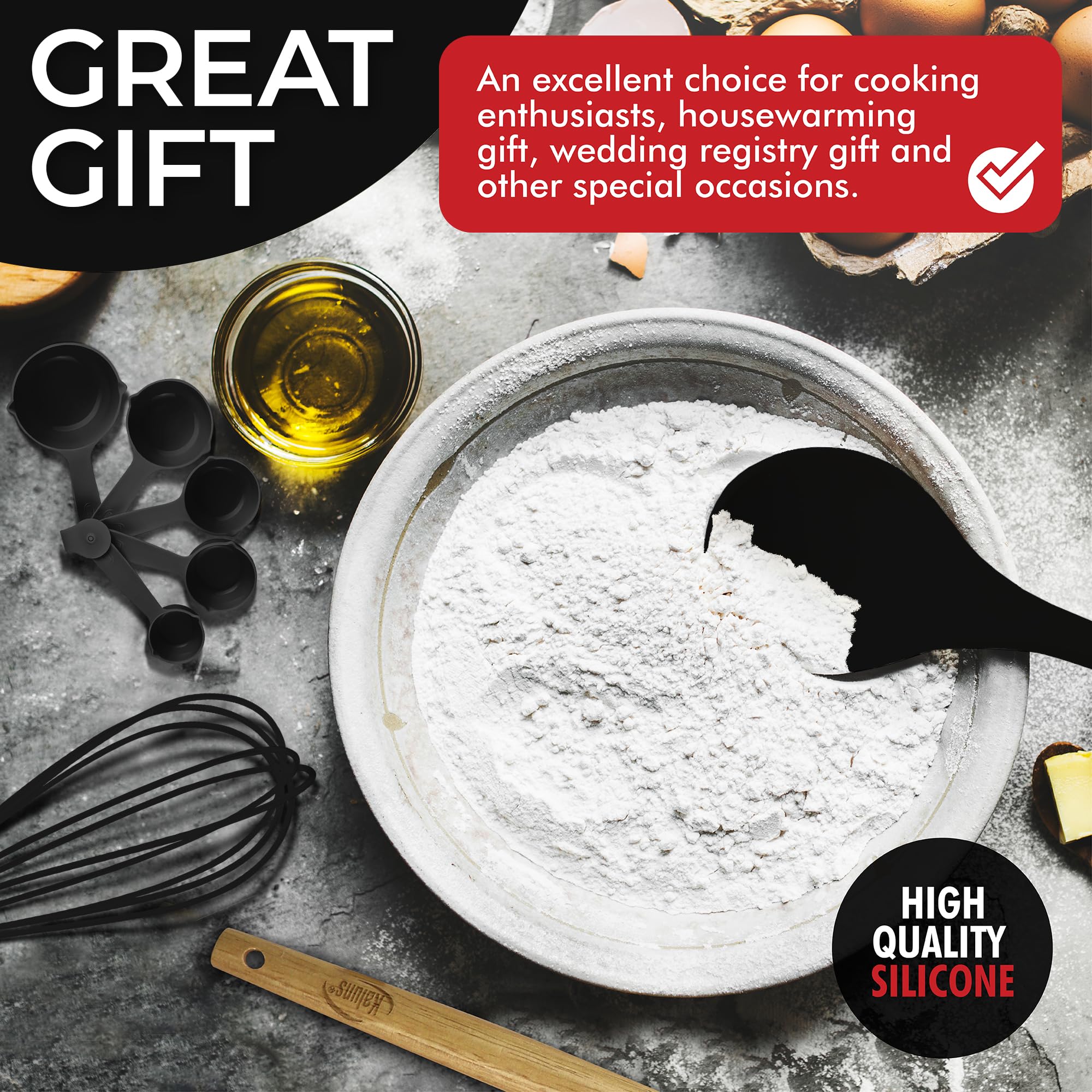 50-Piece Silicone, Stainless Steel & Wood Kitchen Utensil Set – Heat Resistant, Non-Stick Safe (Black)