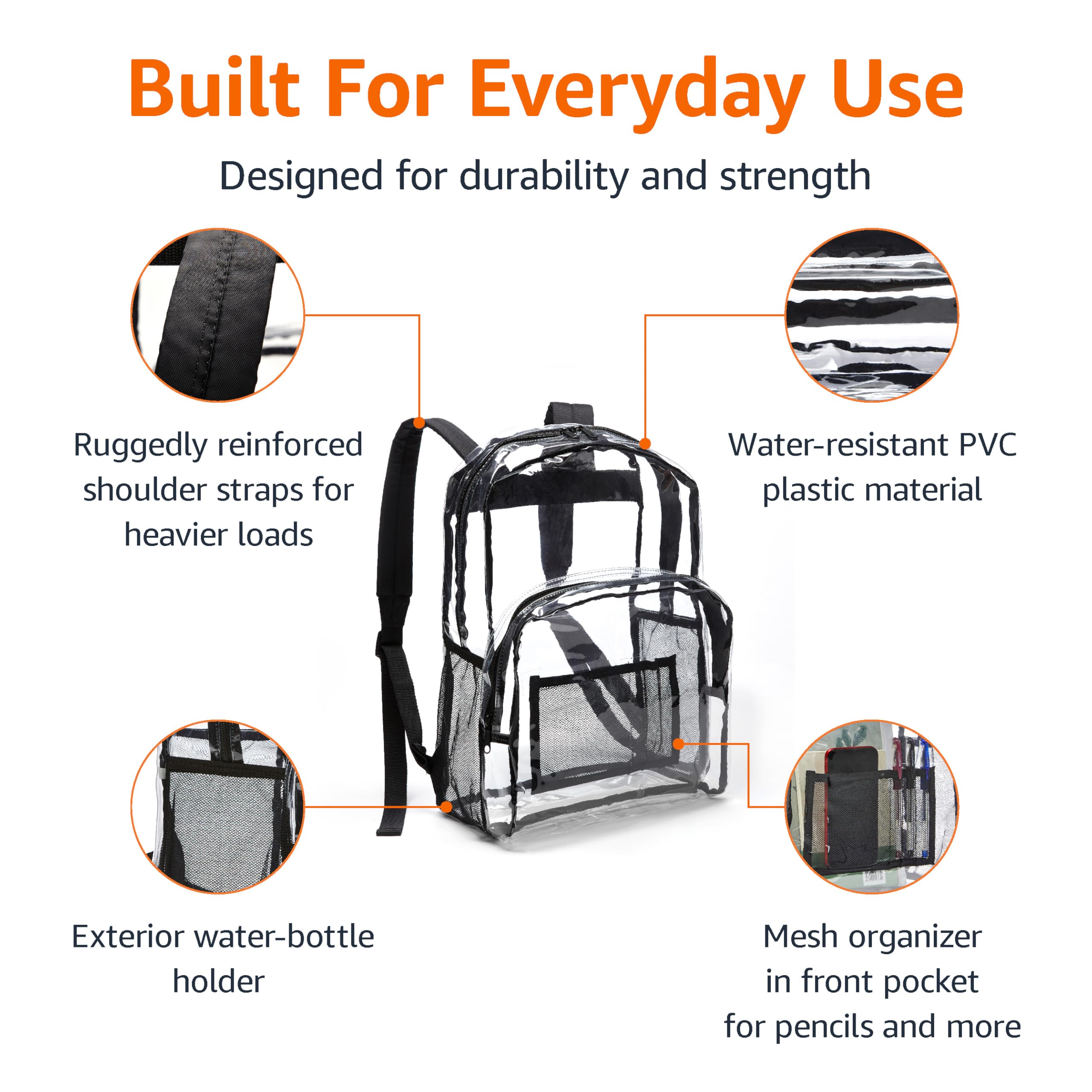 Amazon Basics Clear School Backpack with Water-Resistant PVC Material and Reinforced Shoulder Straps