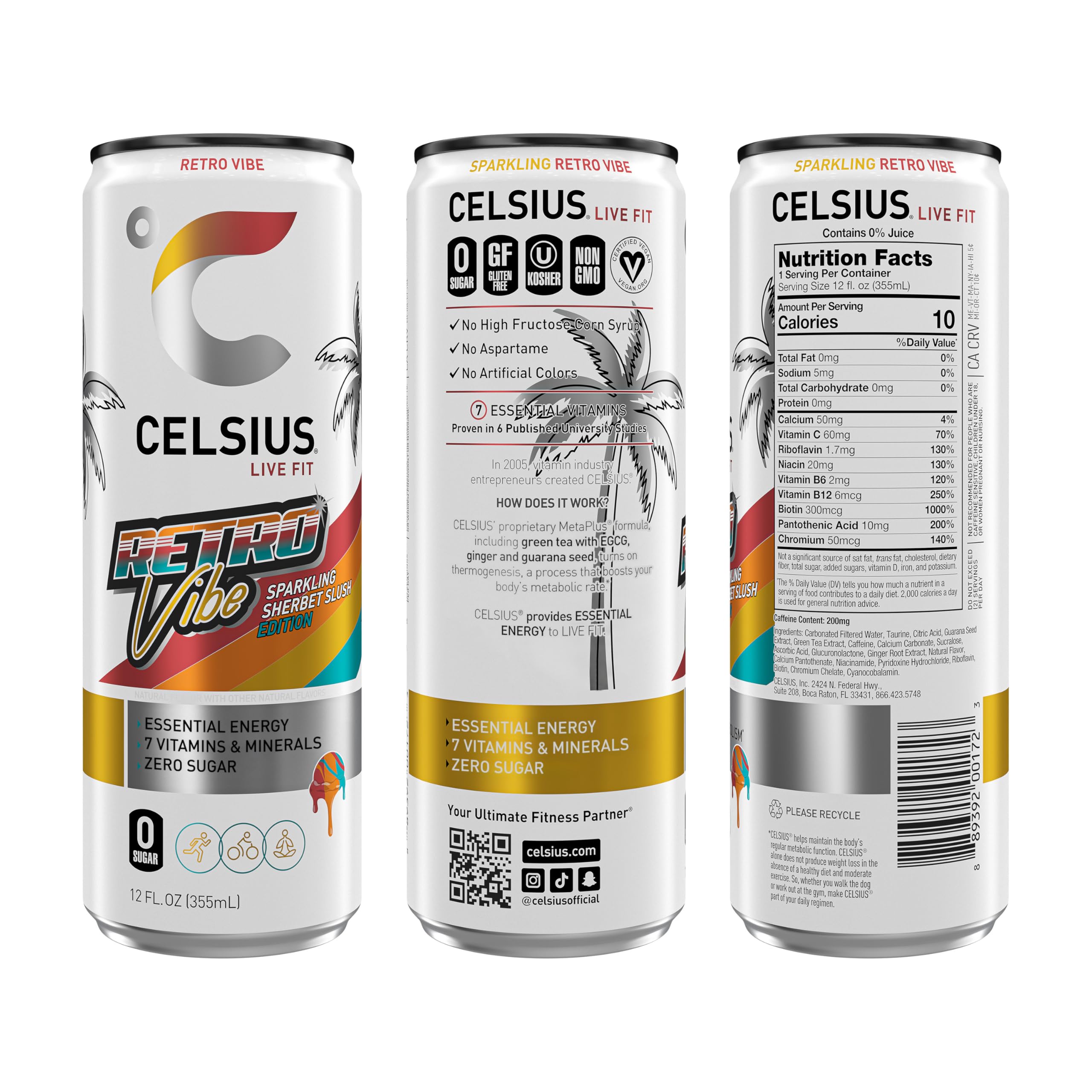 CELSIUS Retro Vibe Energy Drink, Sugar-Free with 200mg Caffeine & Essential Vitamins – Sparkling Raspberry Citrus, 12 Pack
