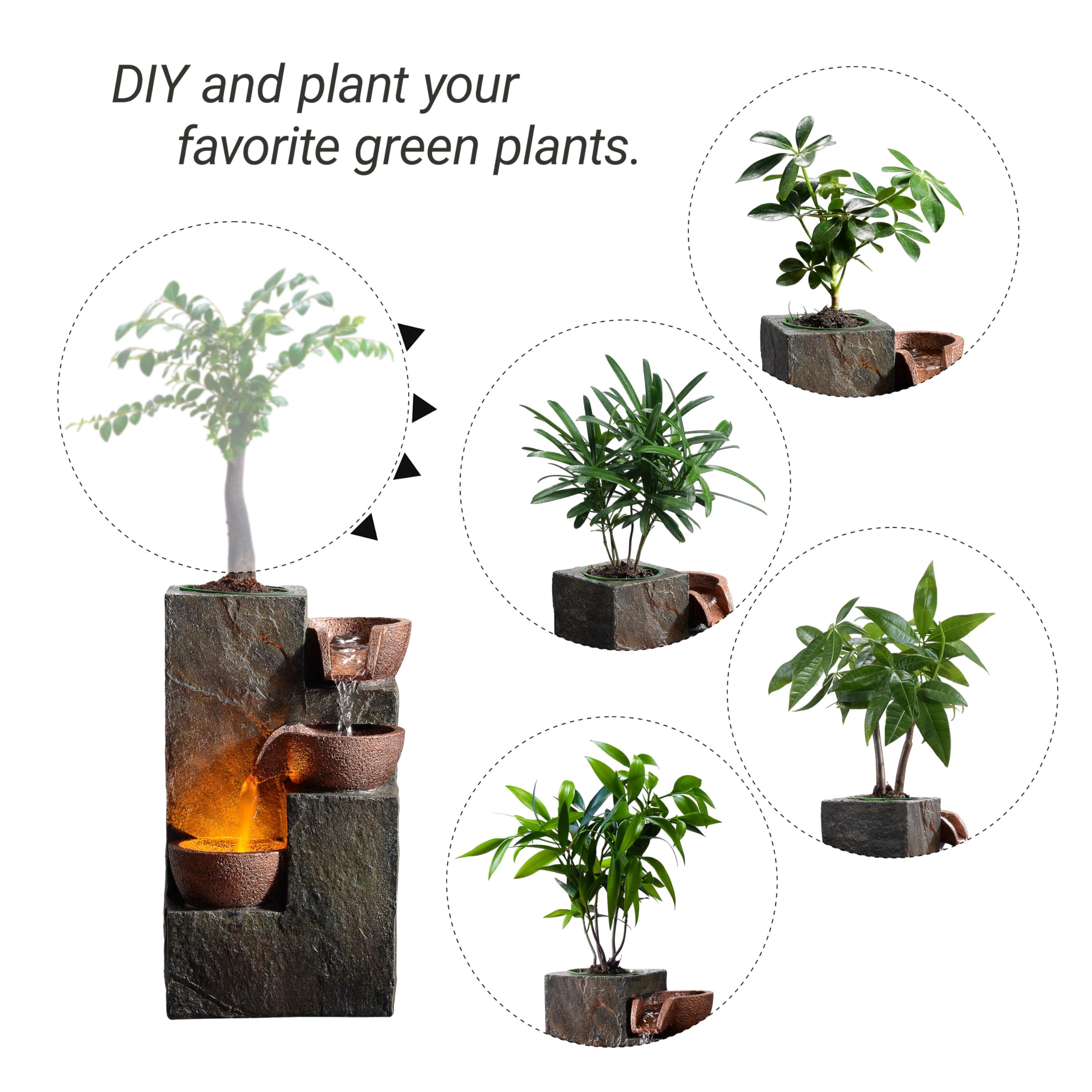 Three-Bowl Rock Tabletop Water Fountain with DIY Planter Basin & Warm LED Light (3-Bowl Rock)