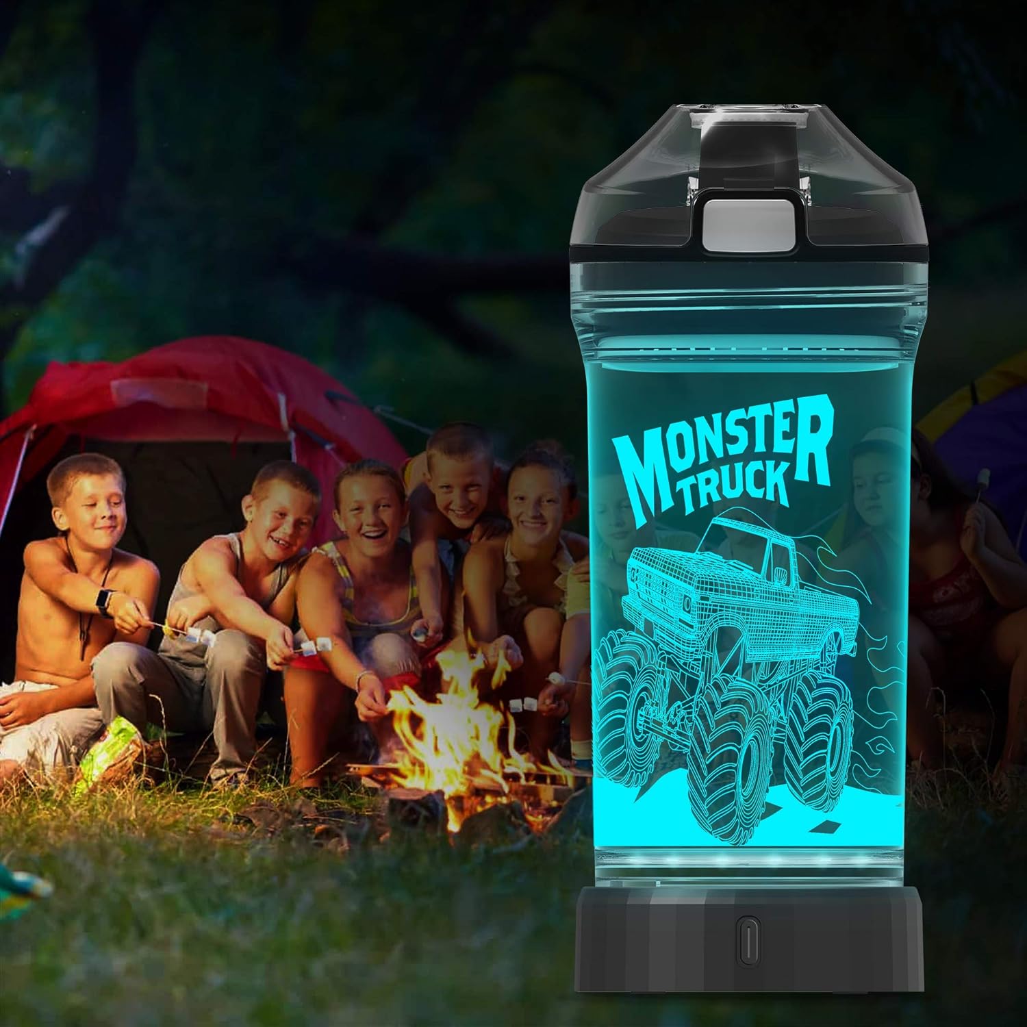 14 oz Kids Monster Truck Light-Up Water Bottle with Leakproof Lid and Carry Strap
