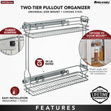 Slim 2-Tier Pull-Out Side Cabinet Organizer – Silver Steel Wire Basket Shelf