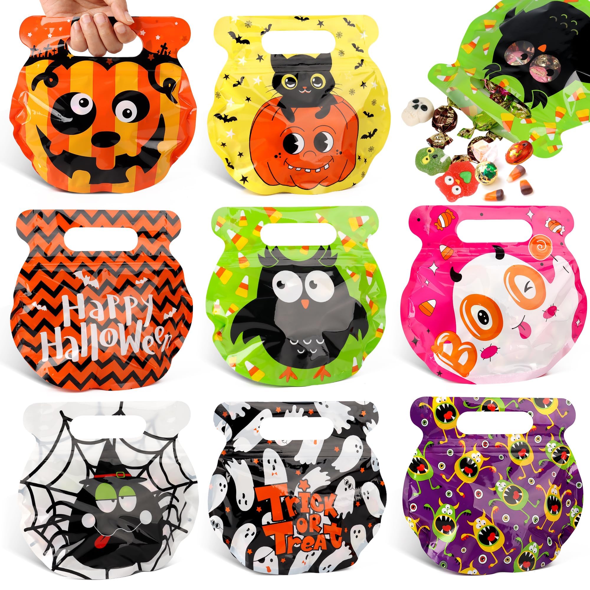 56 PCS Halloween Goodie Bags – Reusable Zip Treat Bags with Handles, 8 Cute Designs for Candy, Snacks & Party Favors