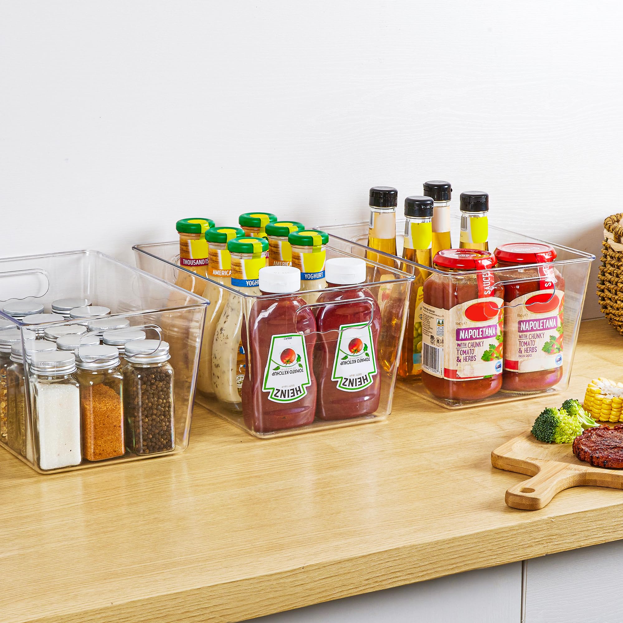 6-Pack Clear Pantry Organizer Bins – Plastic Storage Containers with Handles (Clear)