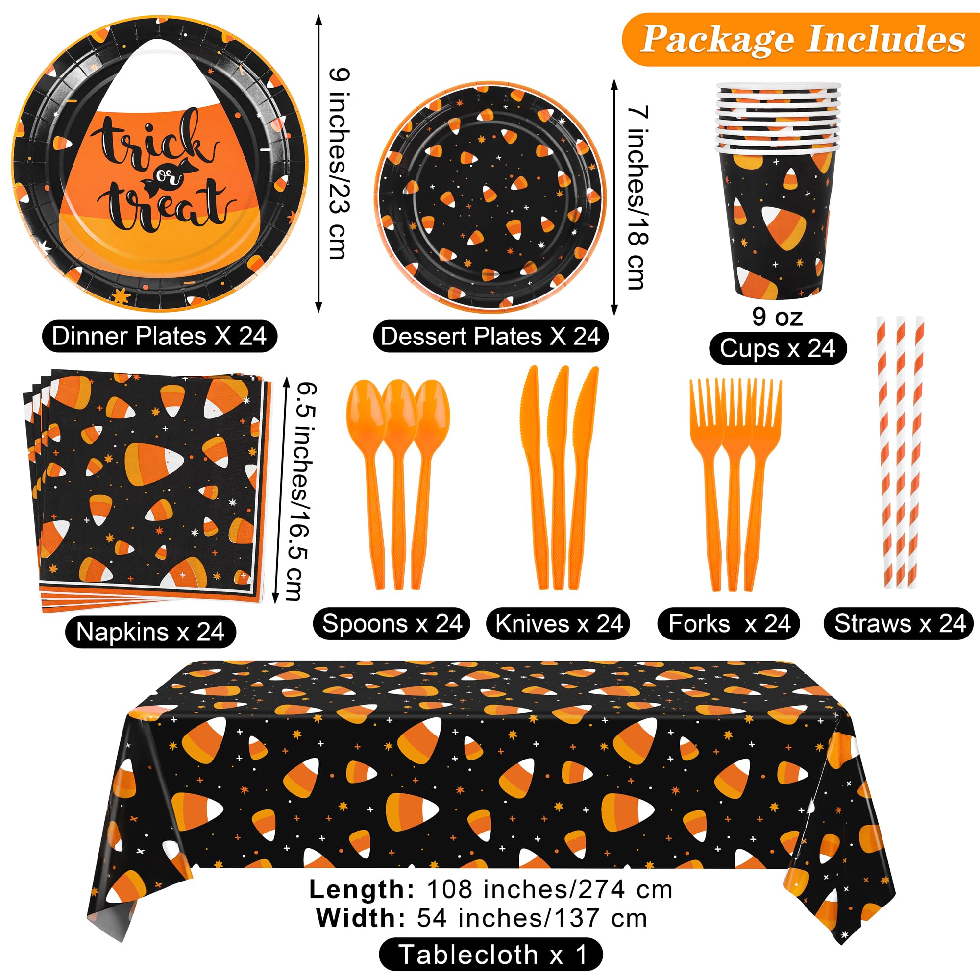 Halloween Candy Corn Party Tableware Set – 193 Pcs Plates, Cups, Napkins & Cutlery for 24 Guests