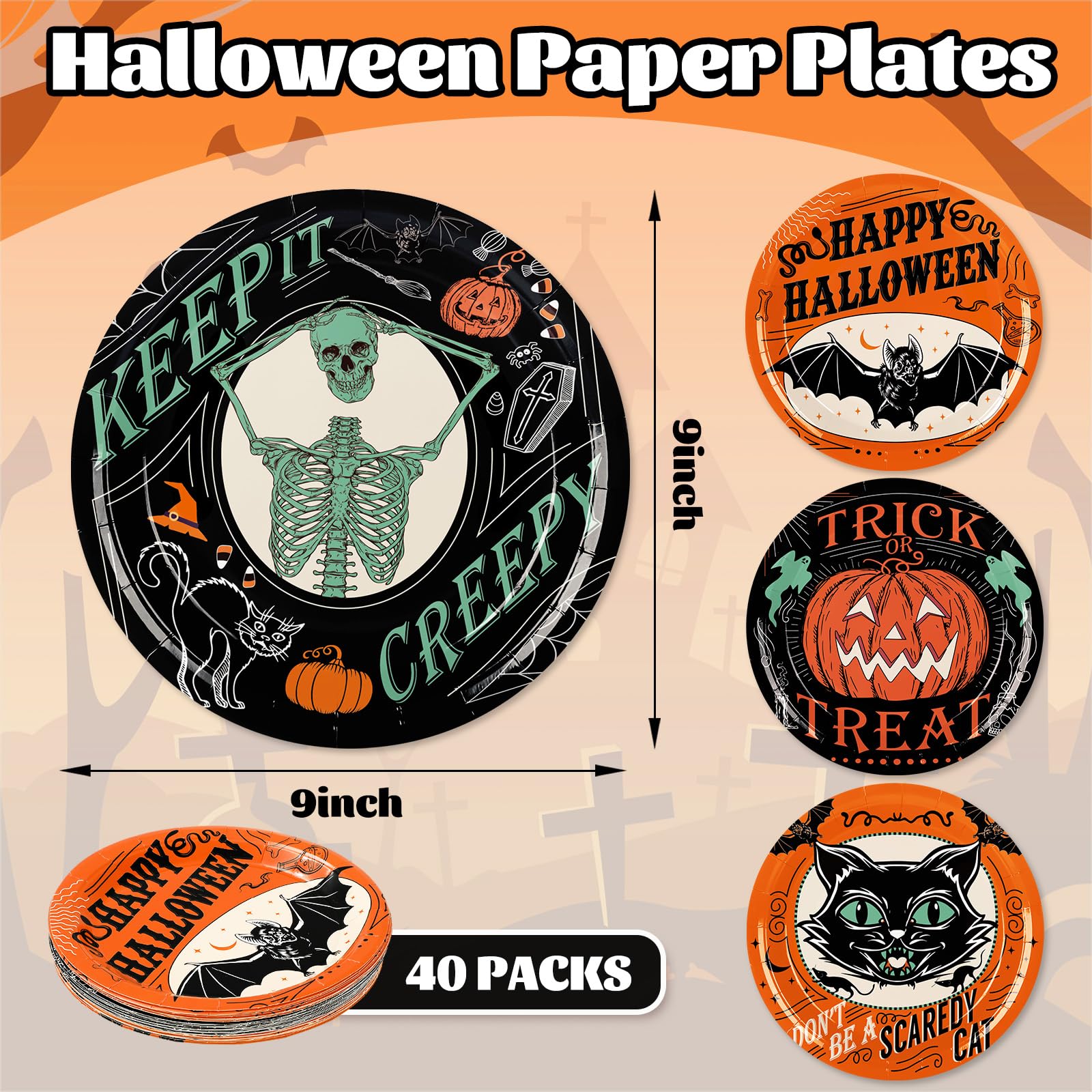 Halloween Vintage Plates – 40 Pcs Disposable 9" Paper Plates with Pumpkin, Cat, Bat & Skeleton Designs for Spooky Parties
