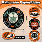 Halloween Vintage Plates – 40 Pcs Disposable 9" Paper Plates with Pumpkin, Cat, Bat & Skeleton Designs for Spooky Parties