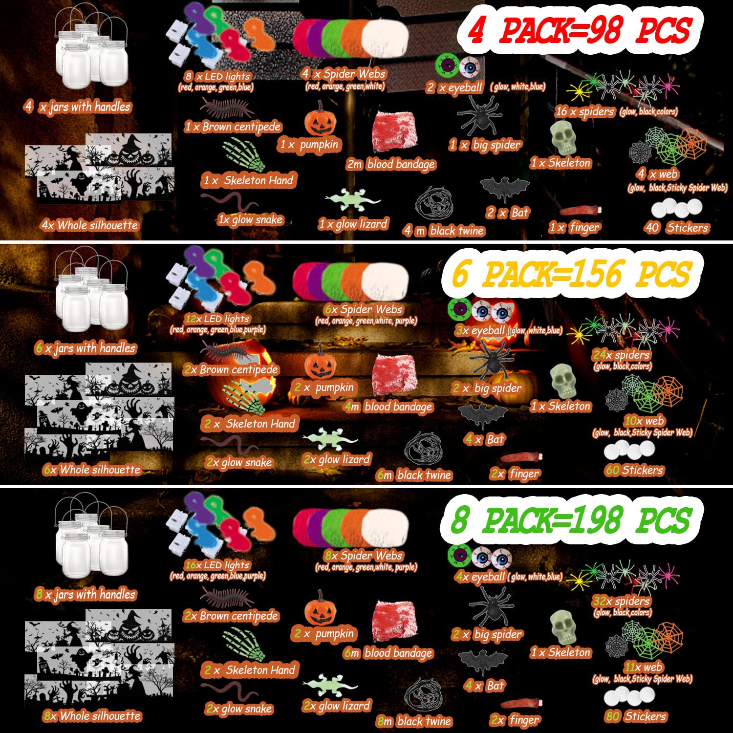 Halloween DIY Lantern Jar Craft Kit – 4 Mason Jars with Multicolor LED Lights & Spooky Silhouettes (Pumpkin, Witch, Cemetery, Ghost)