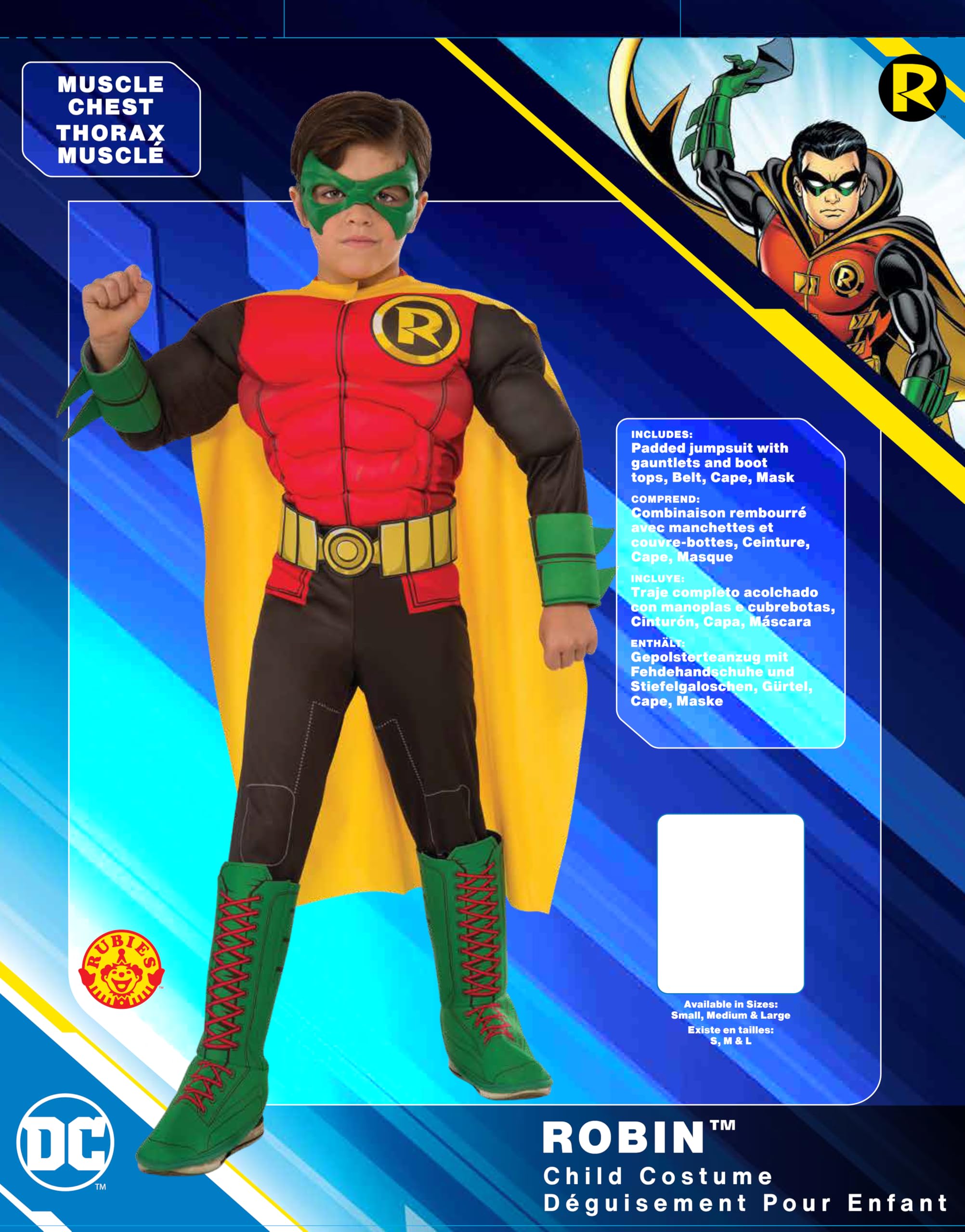DC Teen Titans Robin Costume for Kids – Muscle Chest Jumpsuit with Cape, Belt & Eye Mask (Official Licensed)