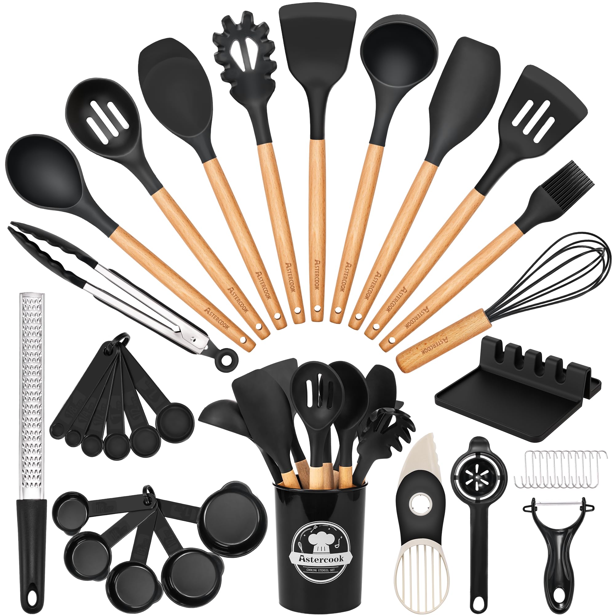 39-Piece Silicone Kitchen Utensil Set with Wooden Handles – Heat Resistant & Non-Stick Safe (Black)