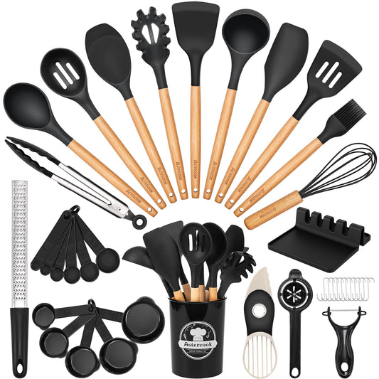 39-Piece Silicone Kitchen Utensil Set with Wooden Handles – Heat Resistant & Non-Stick Safe (Black)