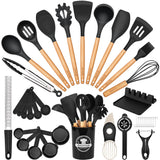 39-Piece Silicone Kitchen Utensil Set with Wooden Handles – Heat Resistant & Non-Stick Safe (Black)