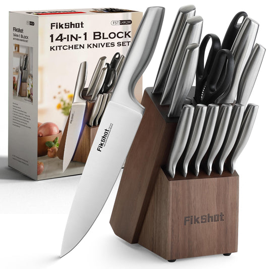 Stainless Steel Kitchen Knife Set with Wooden Block & Built-In Sharpener
