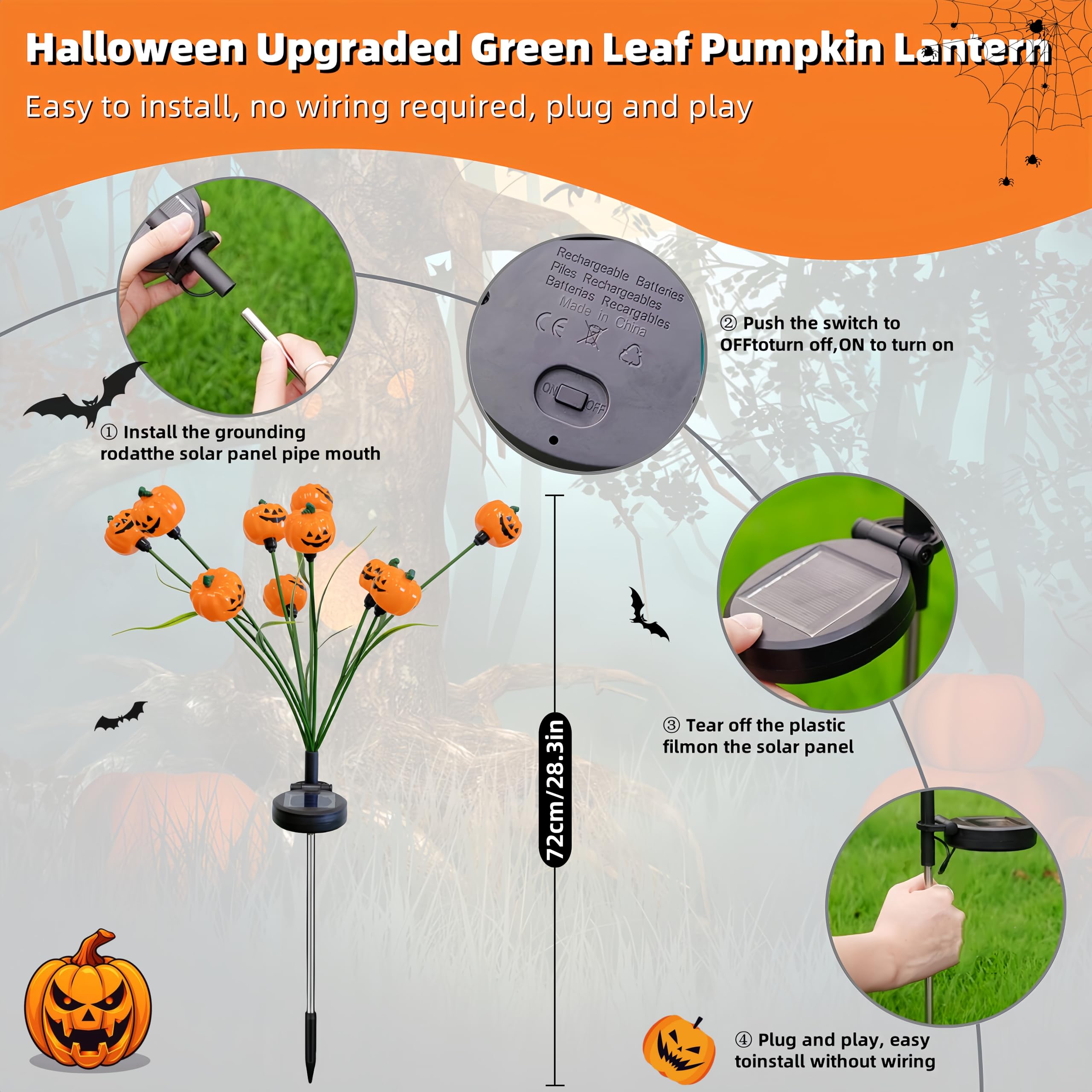 3D Solar Pumpkin Firefly Lights – 2 Pack 20 LEDs Double-Sided Halloween Outdoor Lights with Green Leaves, IP65 Waterproof (Orange)