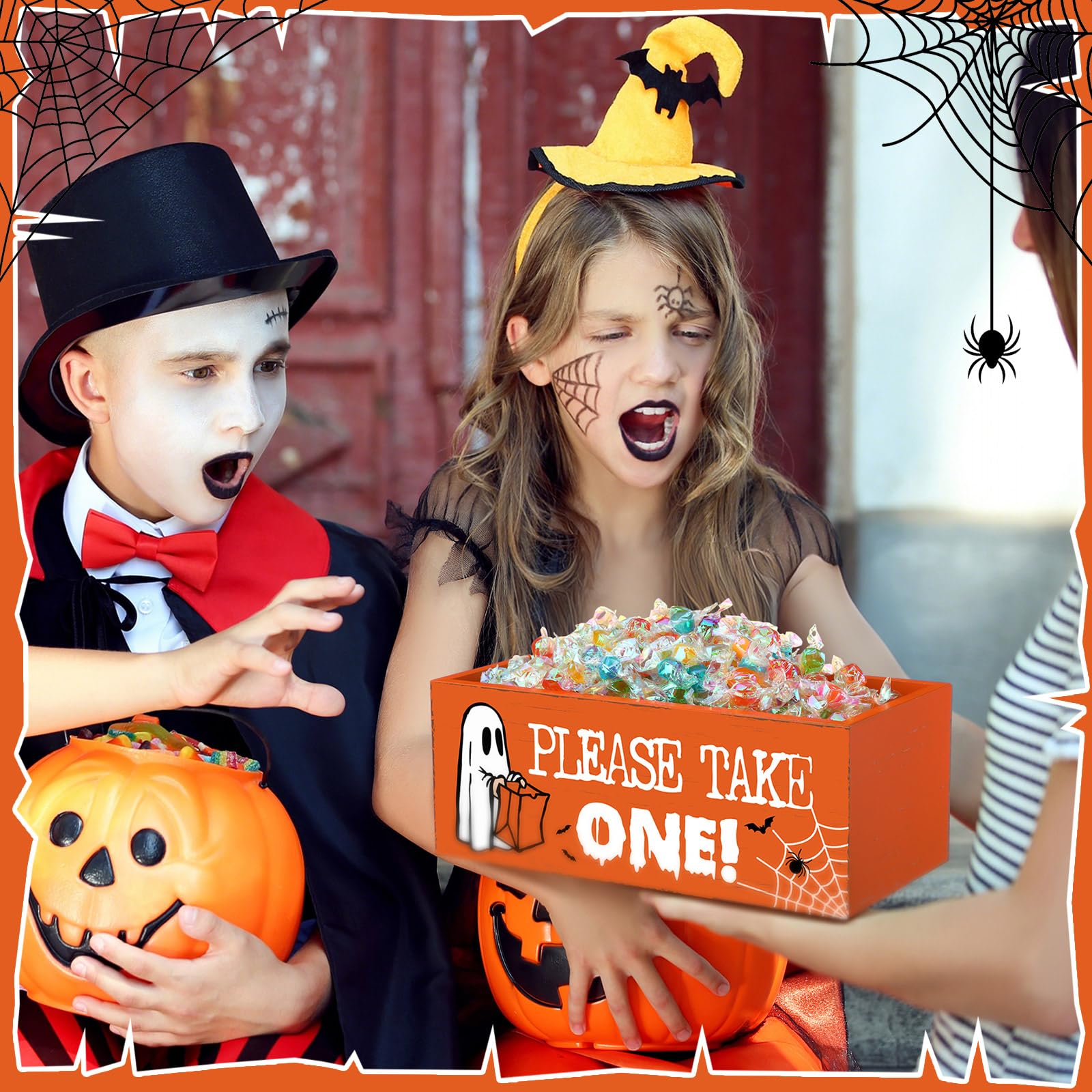 Wooden “Please Take One” Halloween Candy Bowl – Orange Rustic Trick or Treat Box