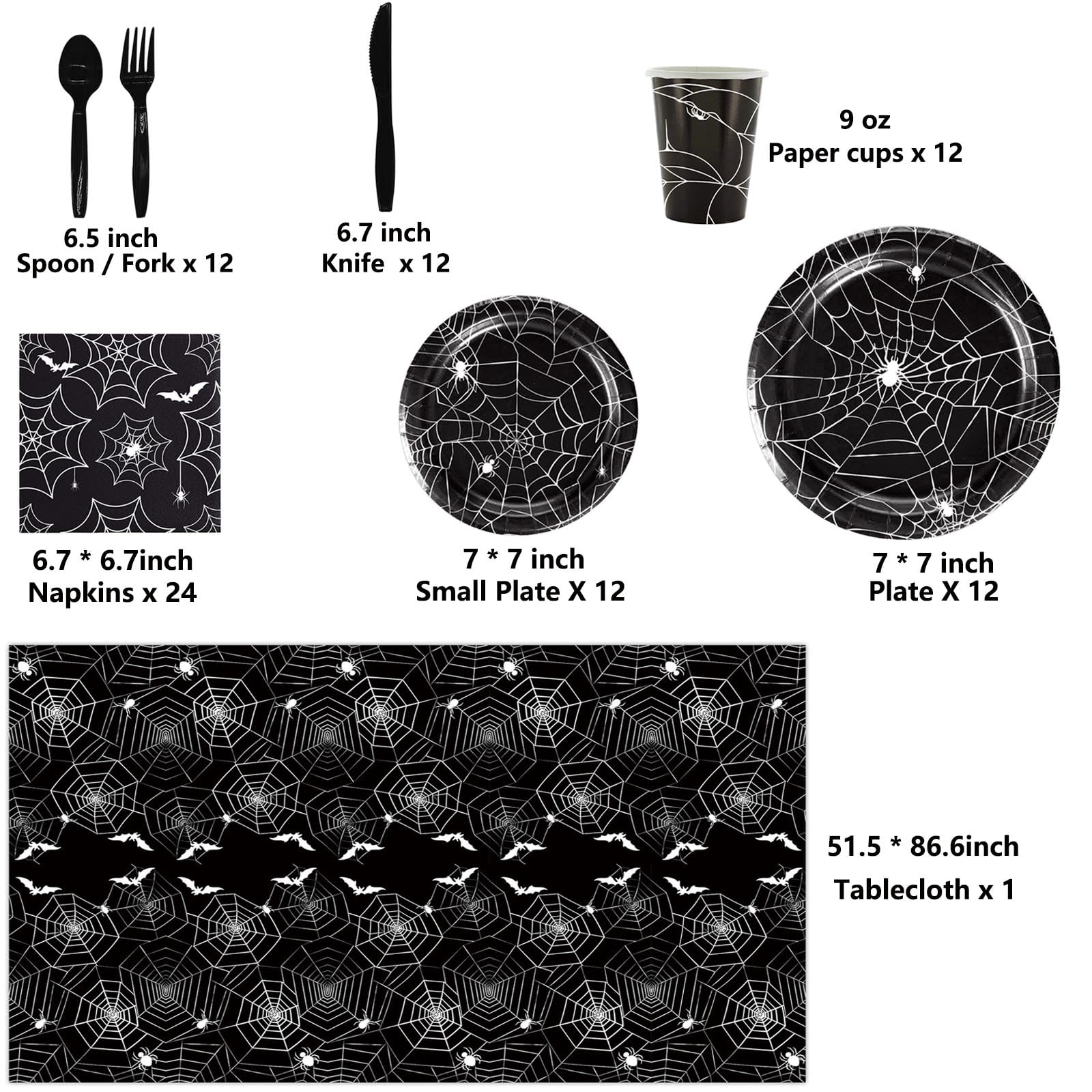Halloween Party Supplies Set – 89 Pcs Black Spider Web Plates, Cups, Napkins & Tablecloth for Spooky Celebrations