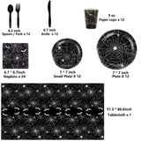 Halloween Party Supplies Set – 89 Pcs Black Spider Web Plates, Cups, Napkins & Tablecloth for Spooky Celebrations