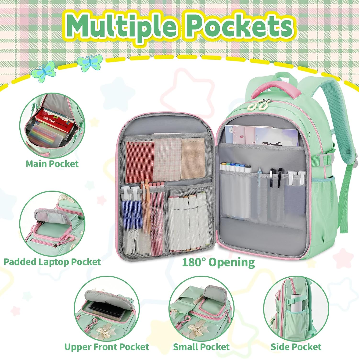 Green Kawaii Backpack Set with Lunch Bag and Coin Purse